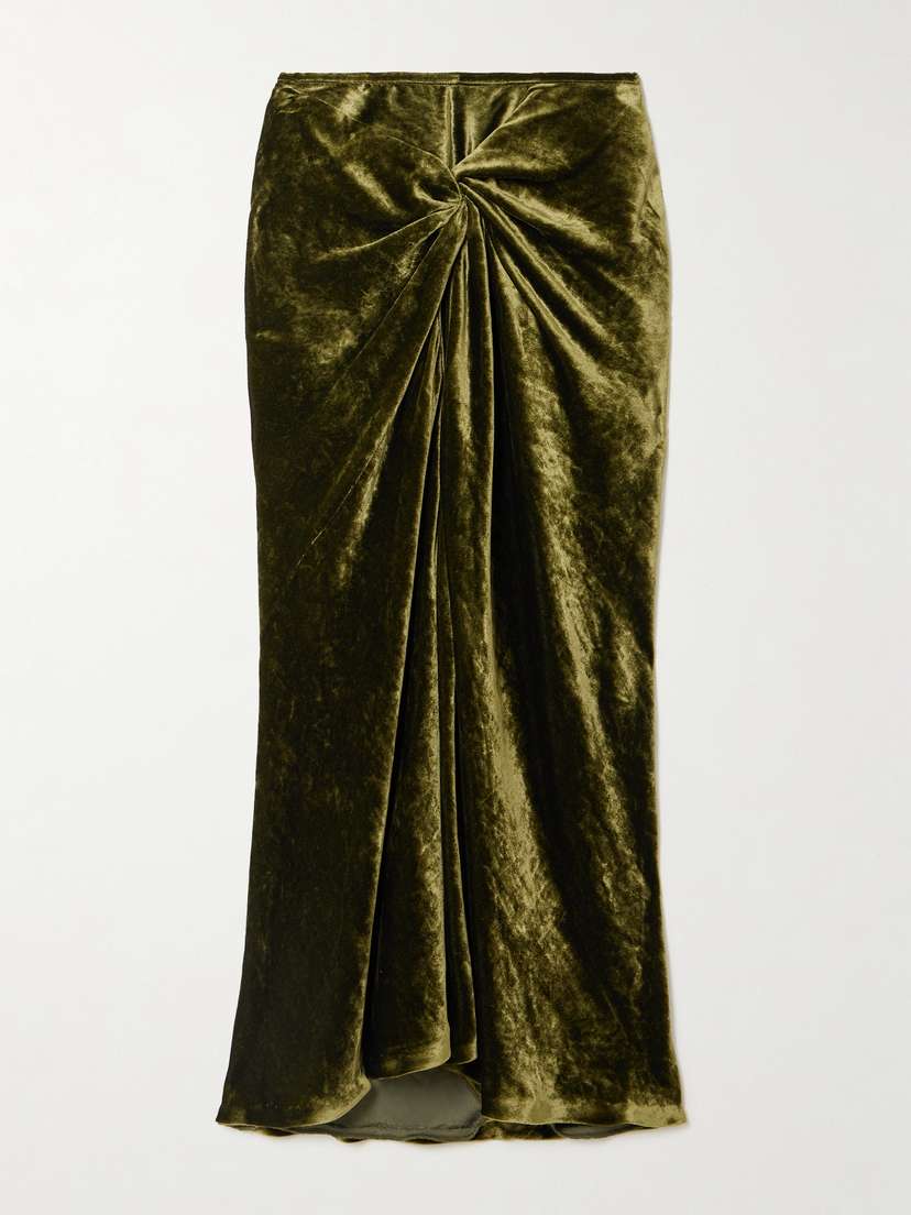 Dries Van Noten Ruched Velvet Midi Skirt