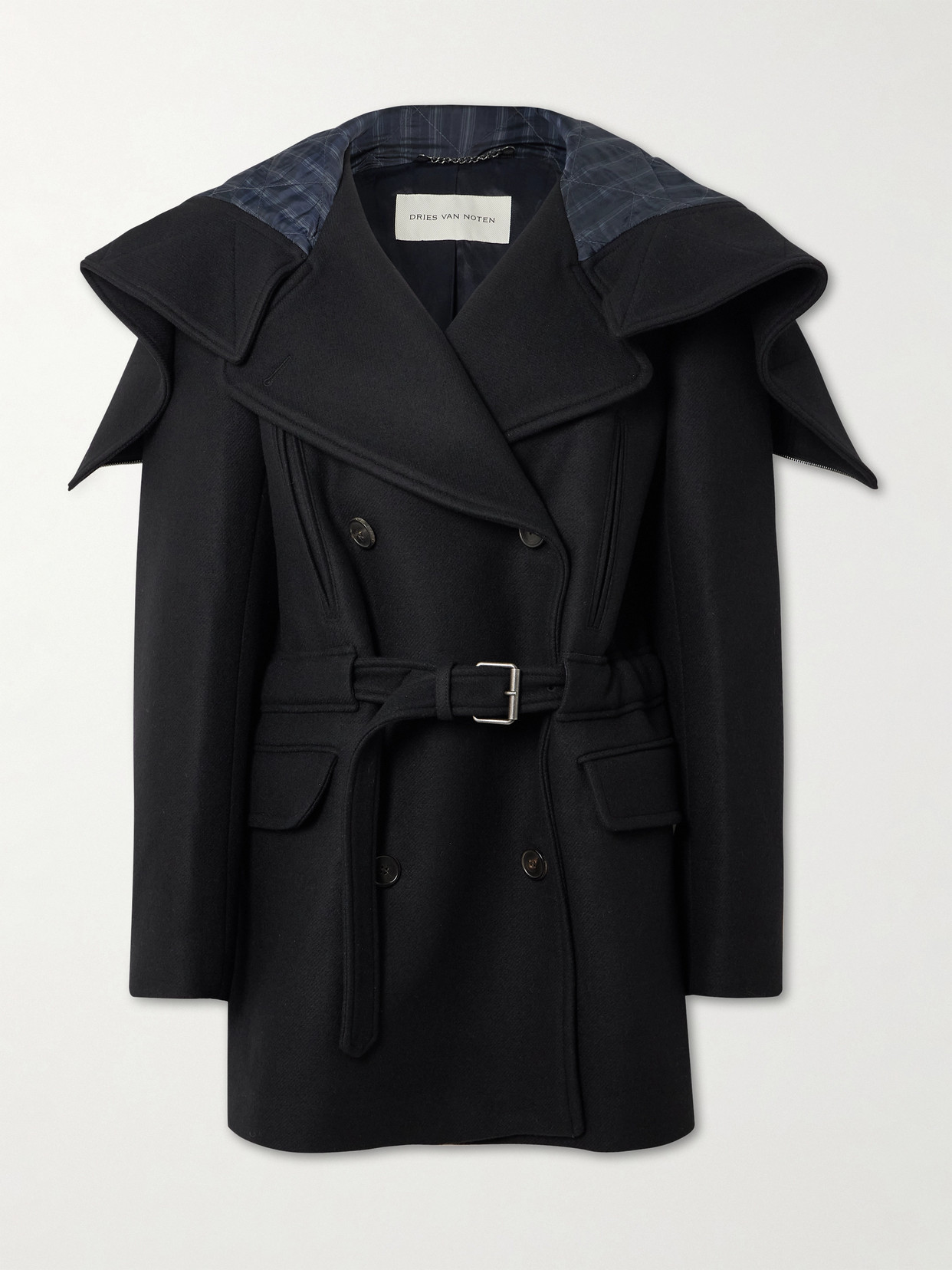 Dries Van Noten Belted Hooded Double-breasted Coat In Black