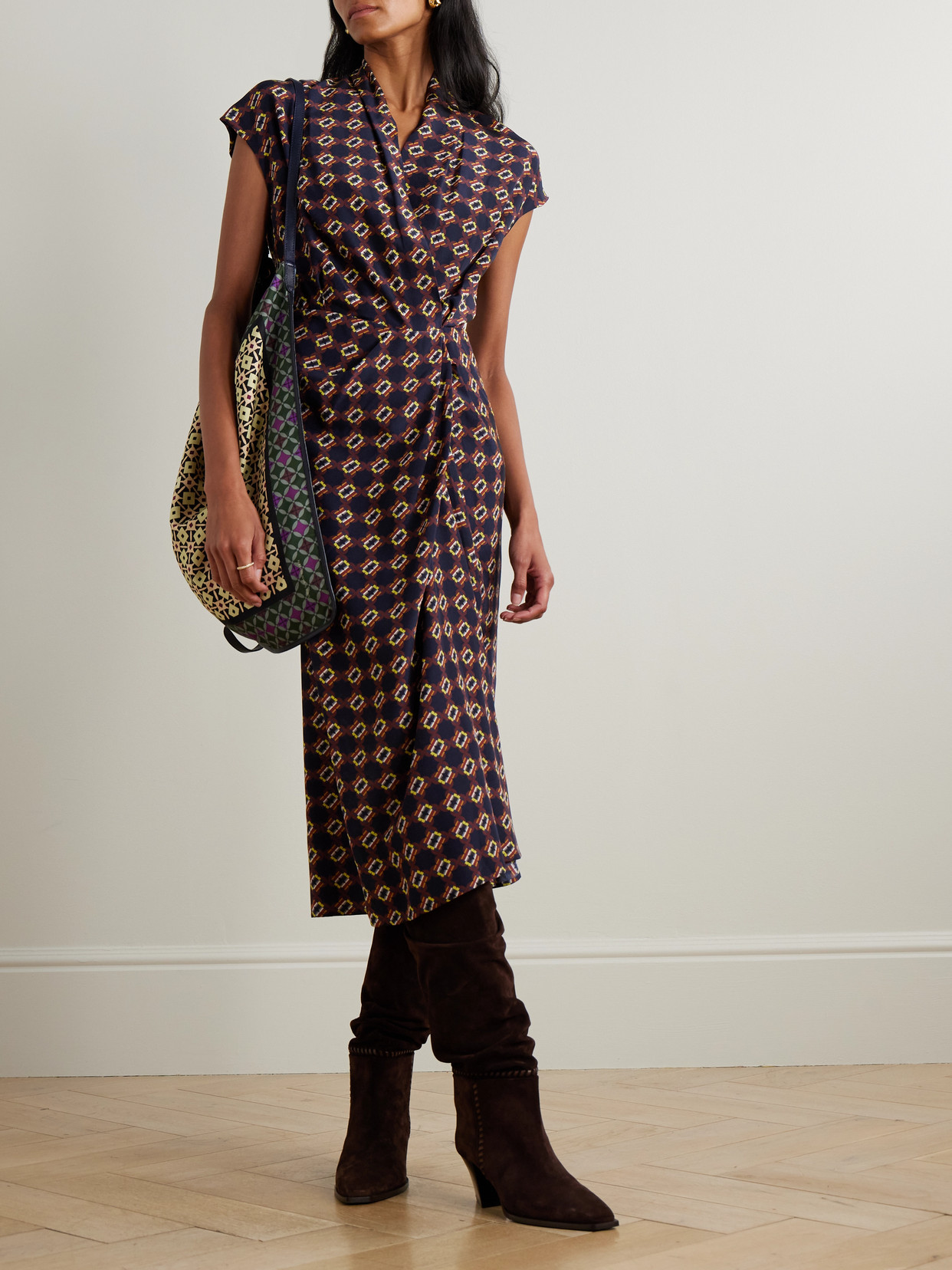 Dries Van Noten Wrap-effect Printed Silk-crepe Midi Dress In Brown