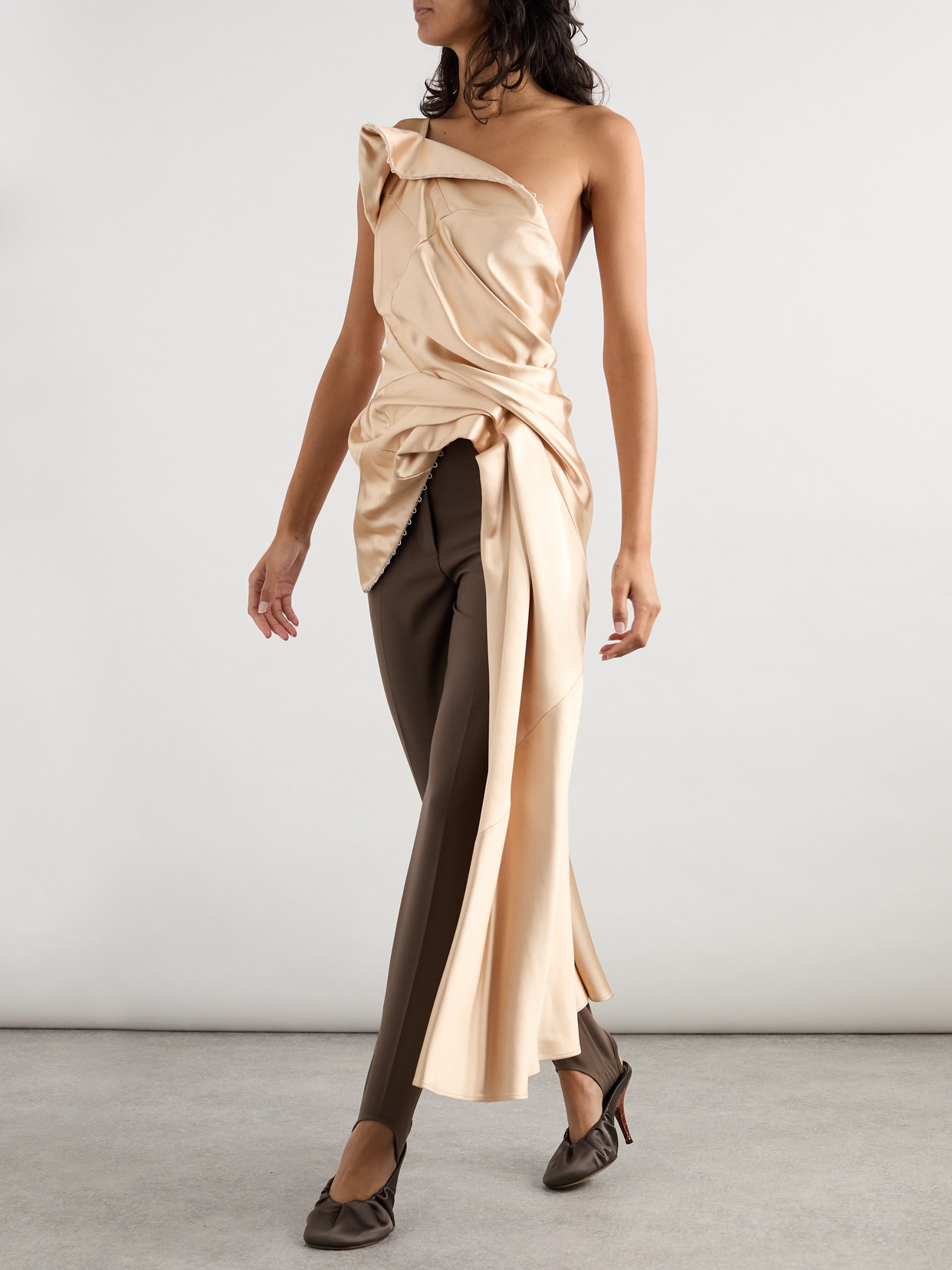 Dries Van Noten Asymmetric Open-back Gathered Satin Blouse In Gold