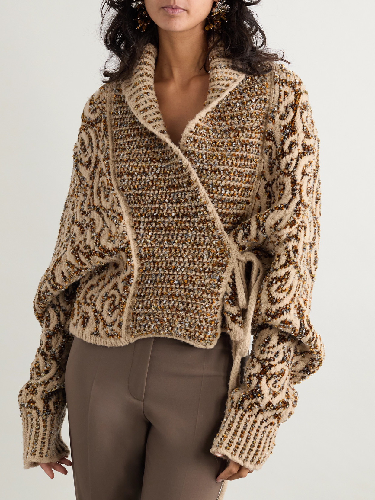 Dries Van Noten Textured Knit Cardigan Shawl Collar In Brown