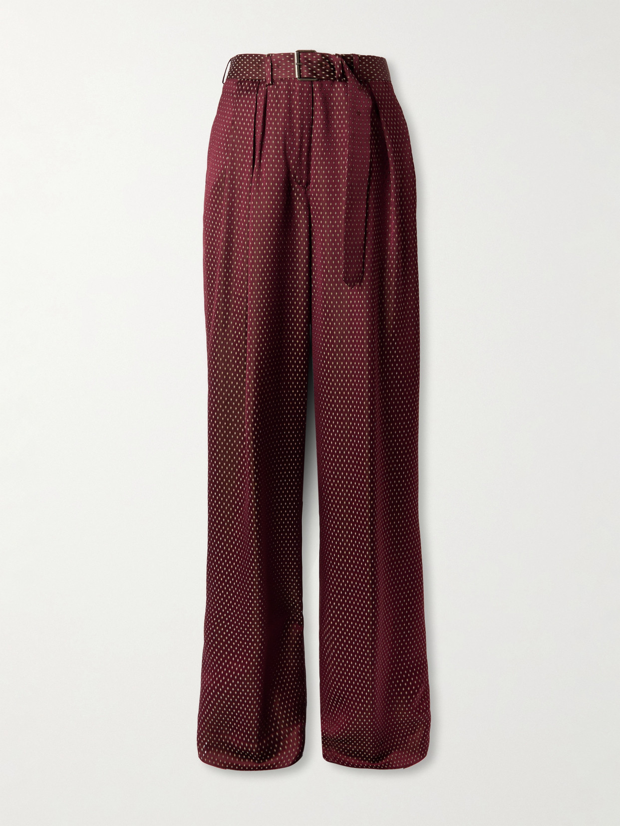 Dries Van Noten Belted Pleated Satin-jacquard Wide-leg Pants In Burgundy