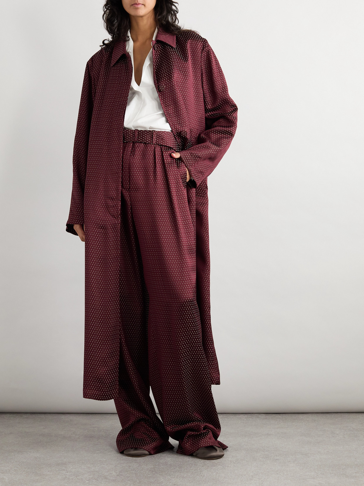 Dries Van Noten Belted Pleated Satin-jacquard Wide-leg Pants In Brown