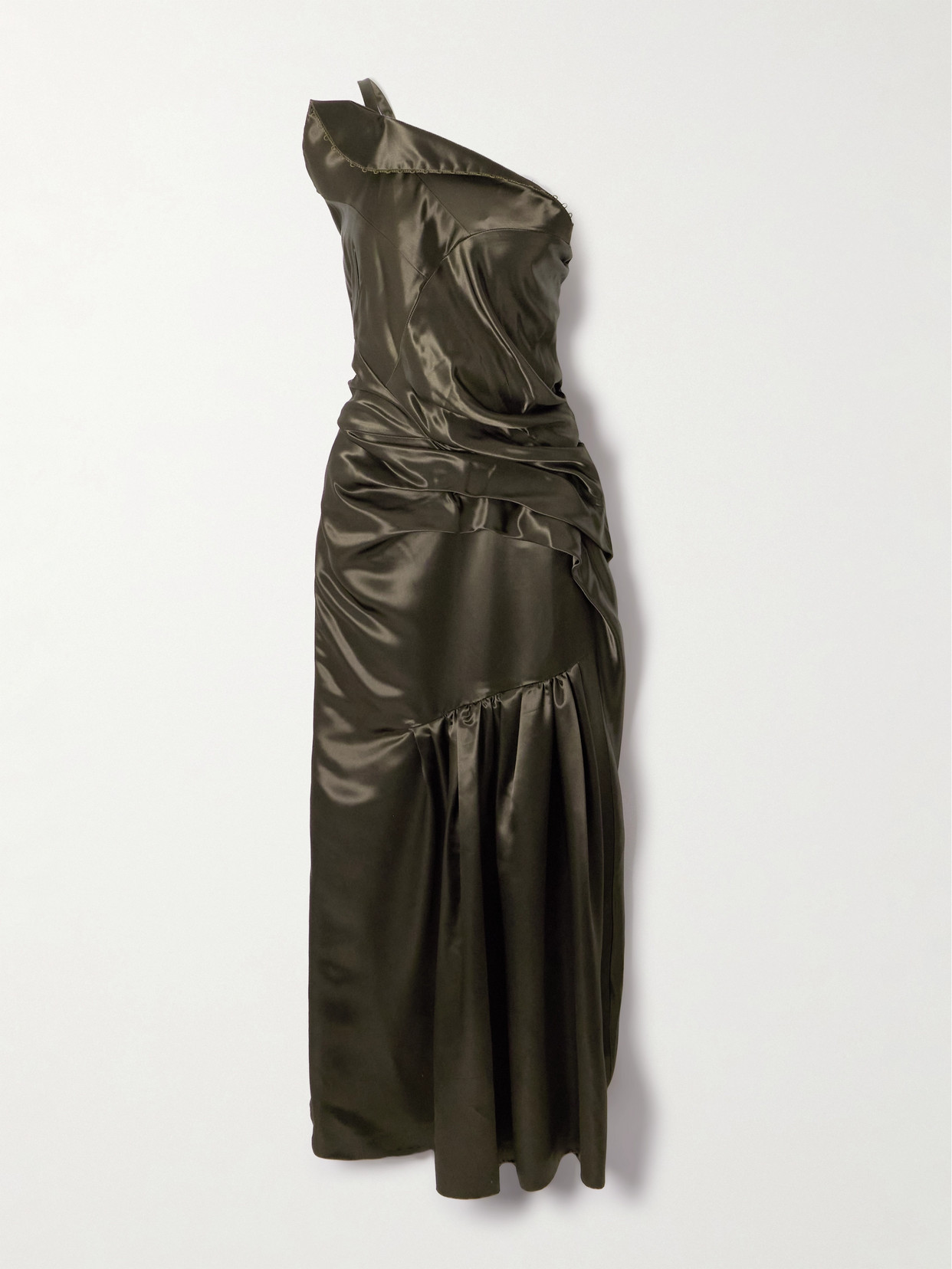 Dries Van Noten One-shoulder Gathered Pleated Satin Midi Dress In Green