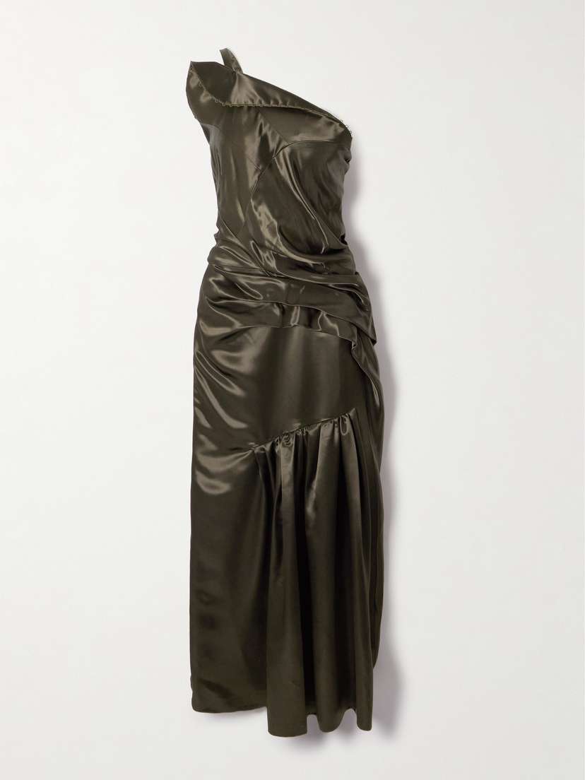 Dries Van Noten One-shoulder Gathered Pleated Satin Midi Dress