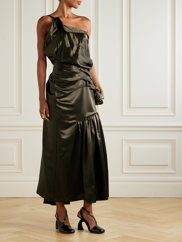 Dries Van Noten One-shoulder gathered pleated satin midi dress