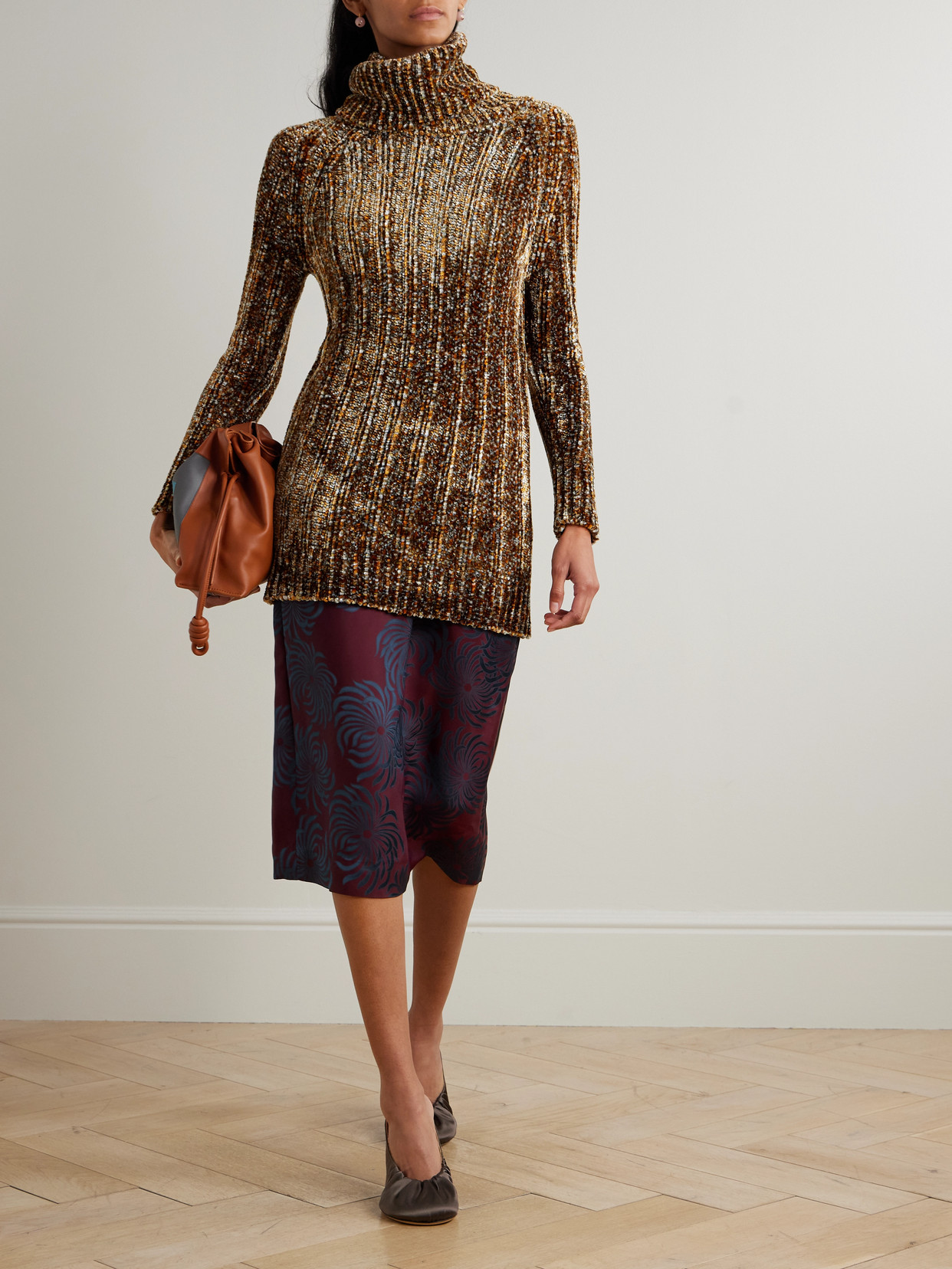 Dries Van Noten Chenille Turtleneck Sweater In Brown