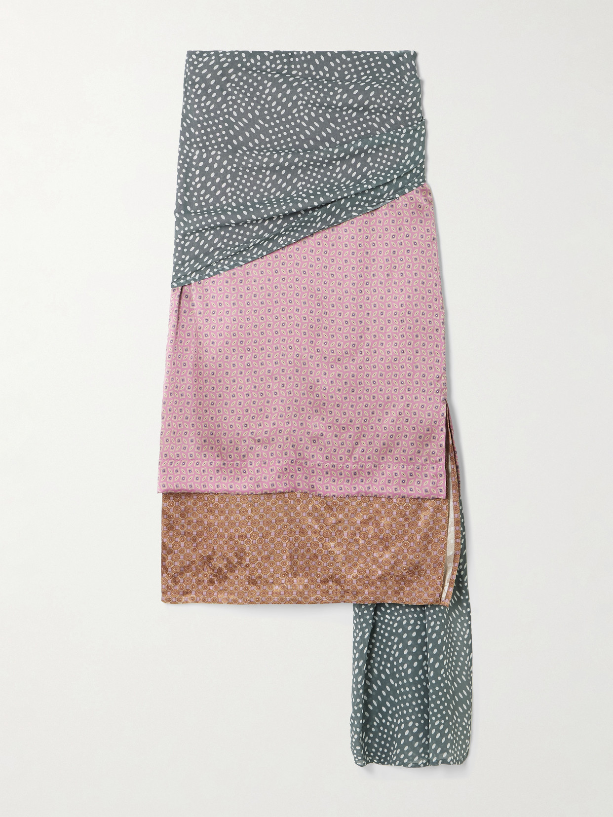 Dries Van Noten Gathered Draped Layered Printed Satin Midi Skirt In Multi
