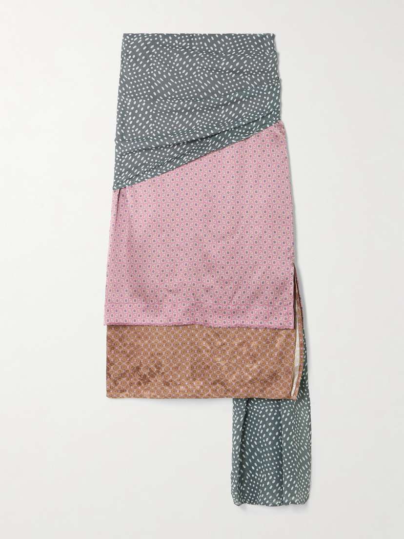 Dries Van Noten Gathered Draped Layered Printed Satin Midi Skirt