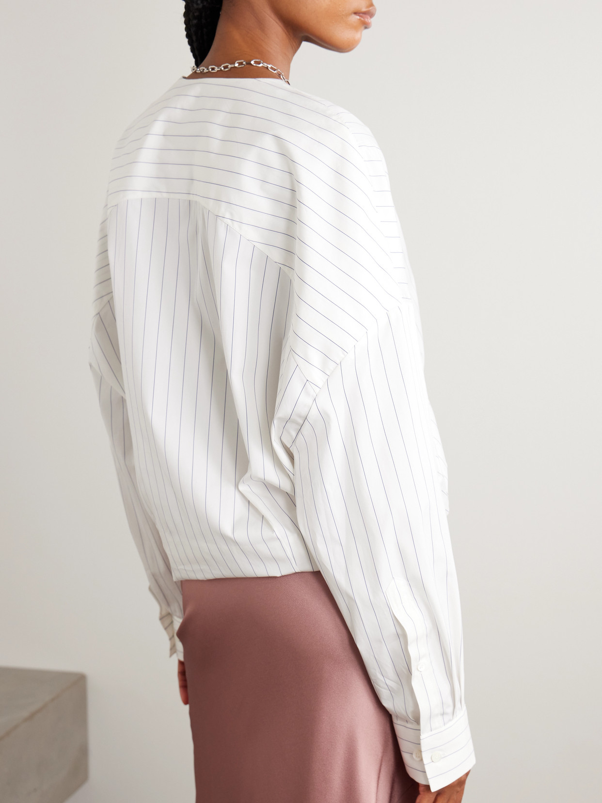 Oversized Wrap-Effect Pinstriped Cotton-Poplin Blouse