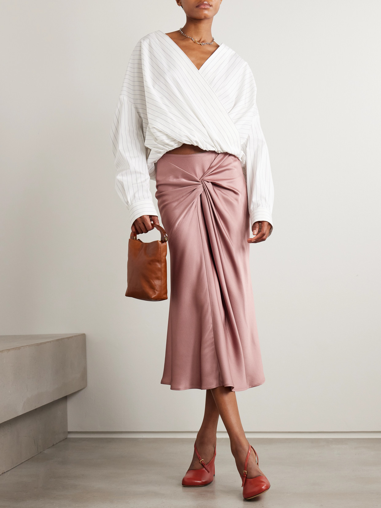 Oversized Wrap-Effect Pinstriped Cotton-Poplin Blouse