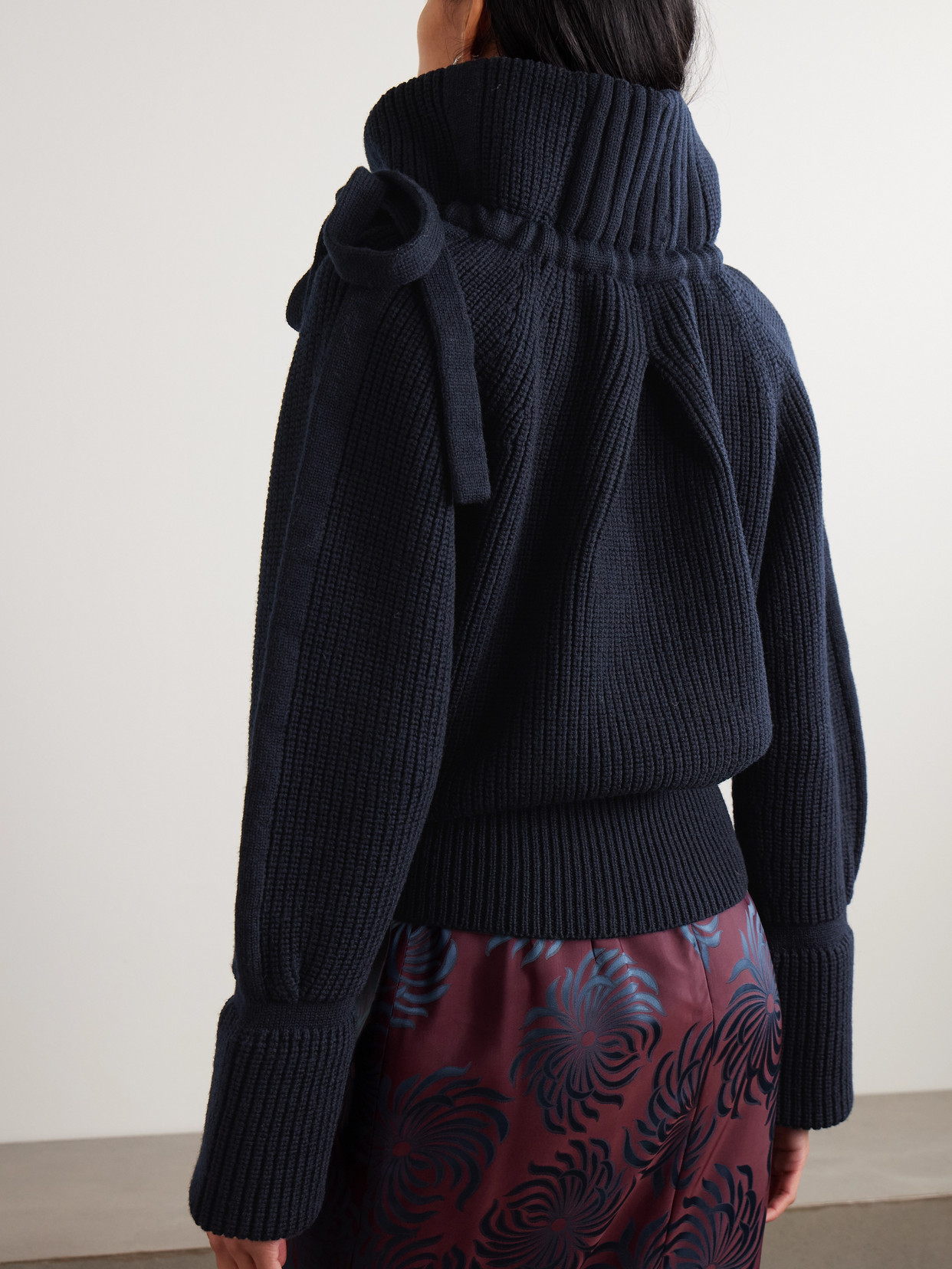 Dries Van Noten Tie-detailed Ribbed Wool Turtleneck Sweater In Blue