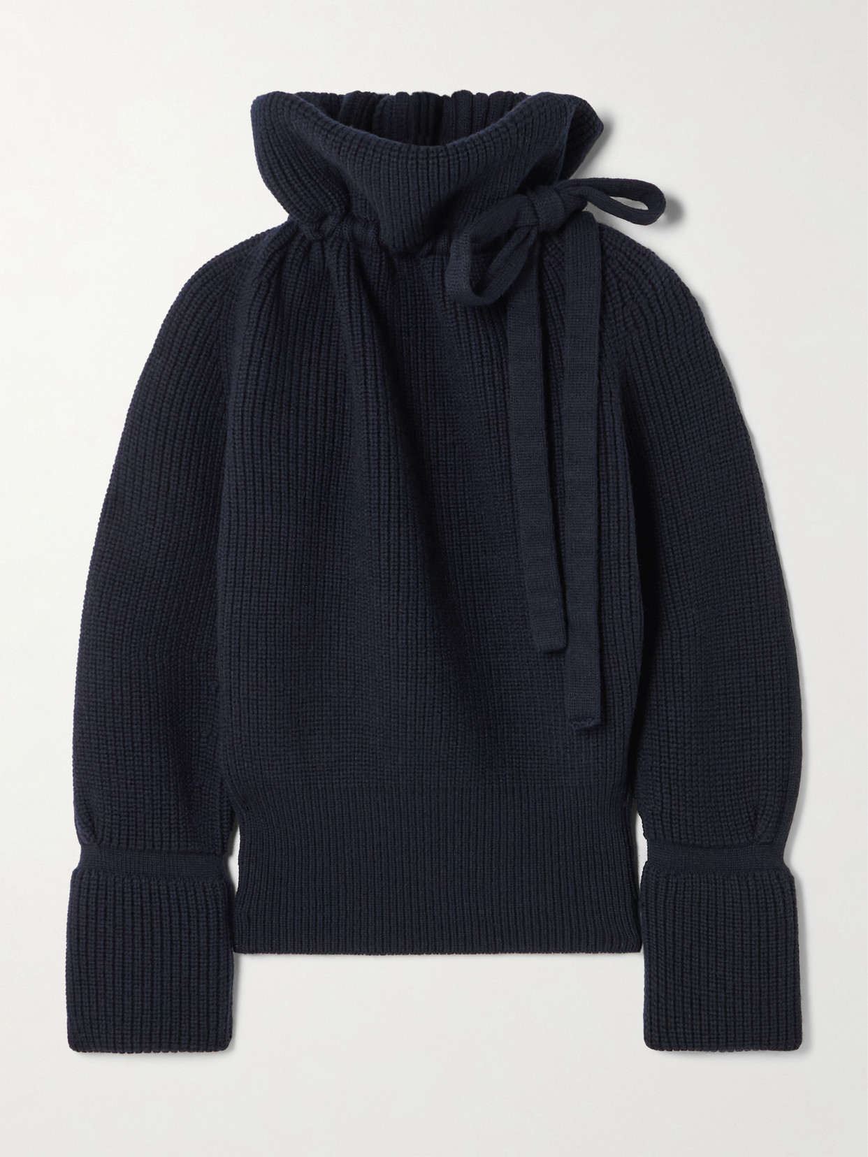 Dries Van Noten Tie-detailed Ribbed Wool Turtleneck Sweater In Blue