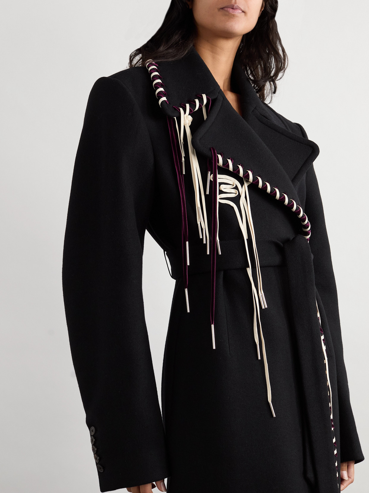Double-Breasted Belted Whipstitched Wool-Blend Coat