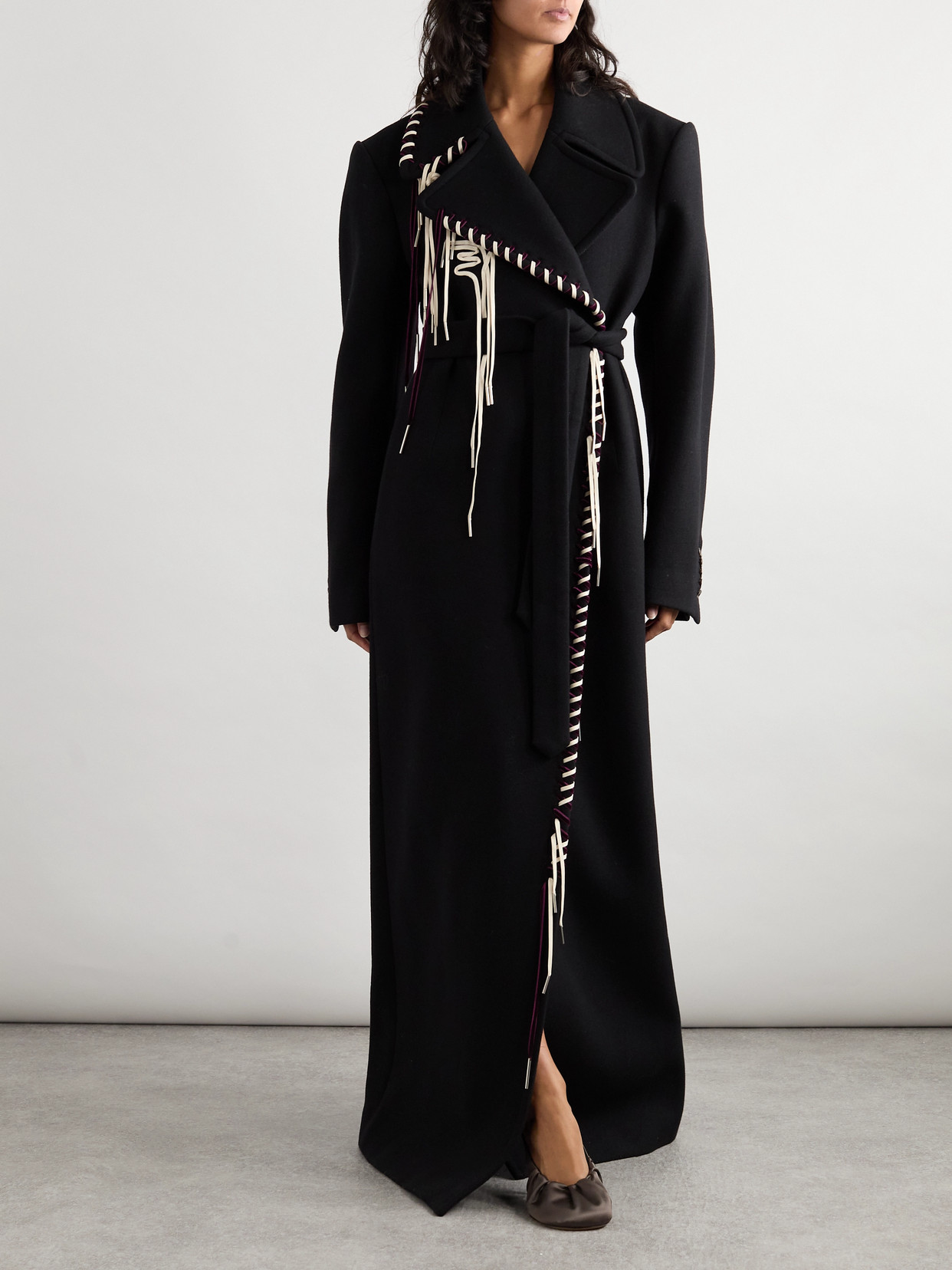 Double-Breasted Belted Whipstitched Wool-Blend Coat