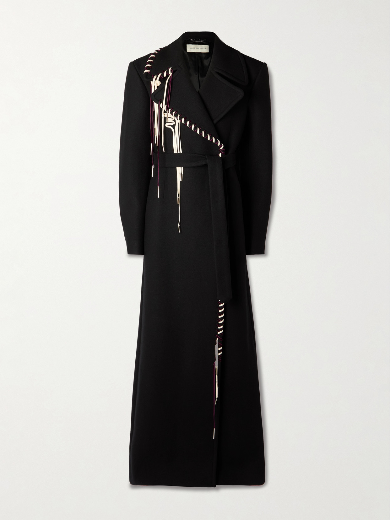 Dries Van Noten Belted Embellished Velvet-trimmed Wool-blend Coat In Black