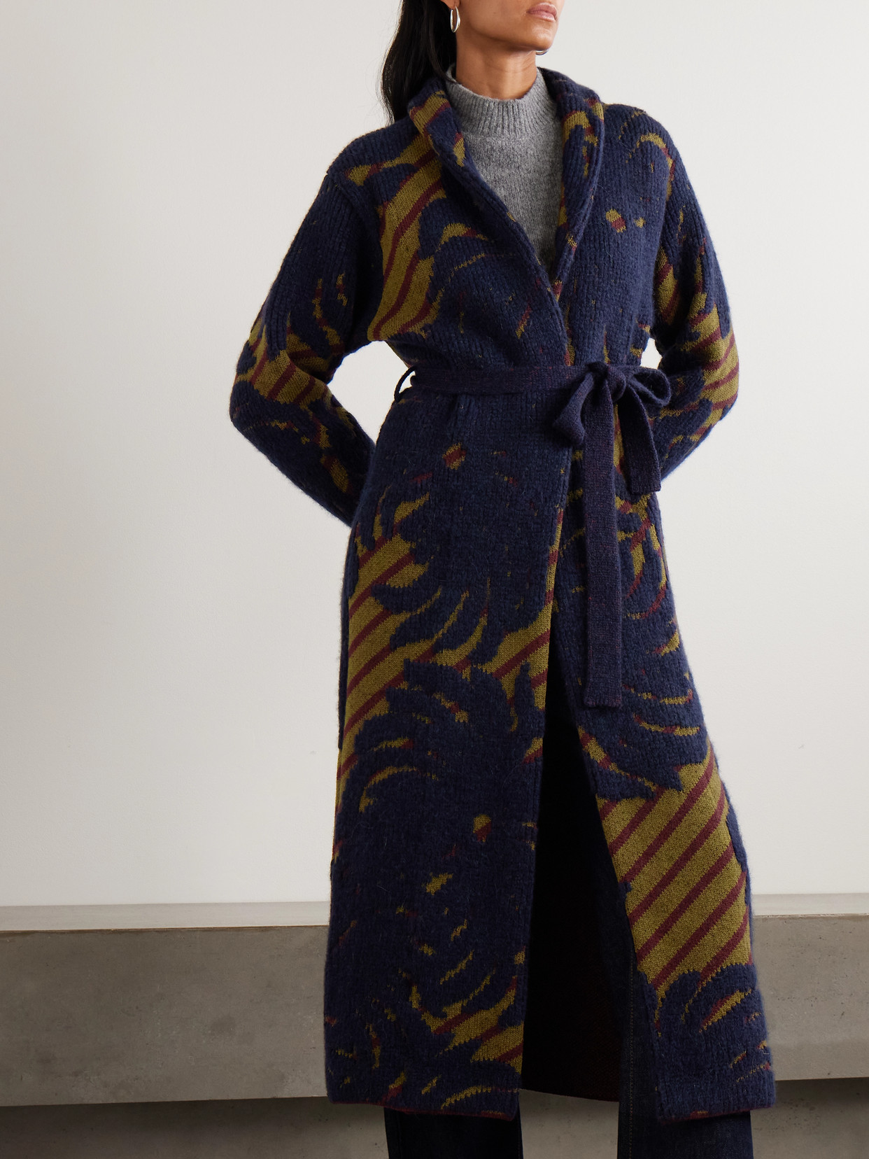 Dries Van Noten Belted Intarsia Wool-blend Cardigan In Blue