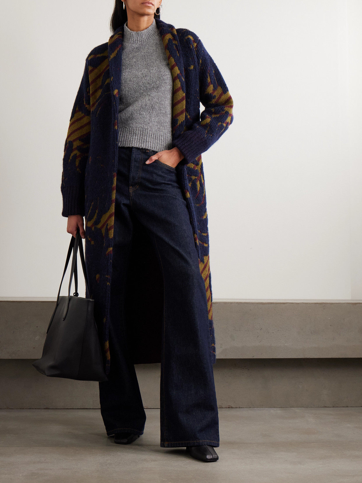 Dries Van Noten Belted Intarsia Wool-blend Cardigan In Blue