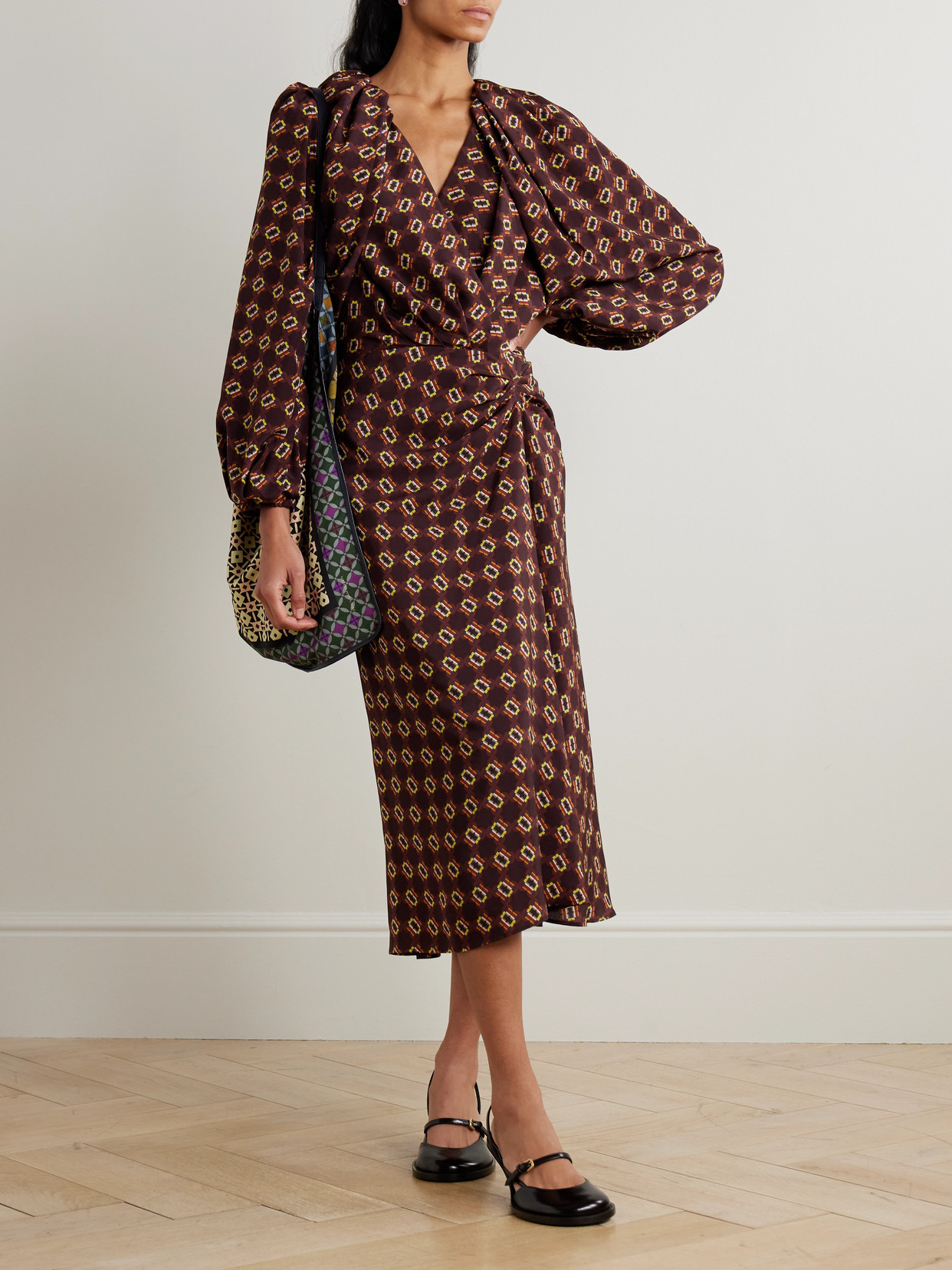 Dries Van Noten Printed Silk Crepe De Chine Wrap-effect Midi Dress In Brown
