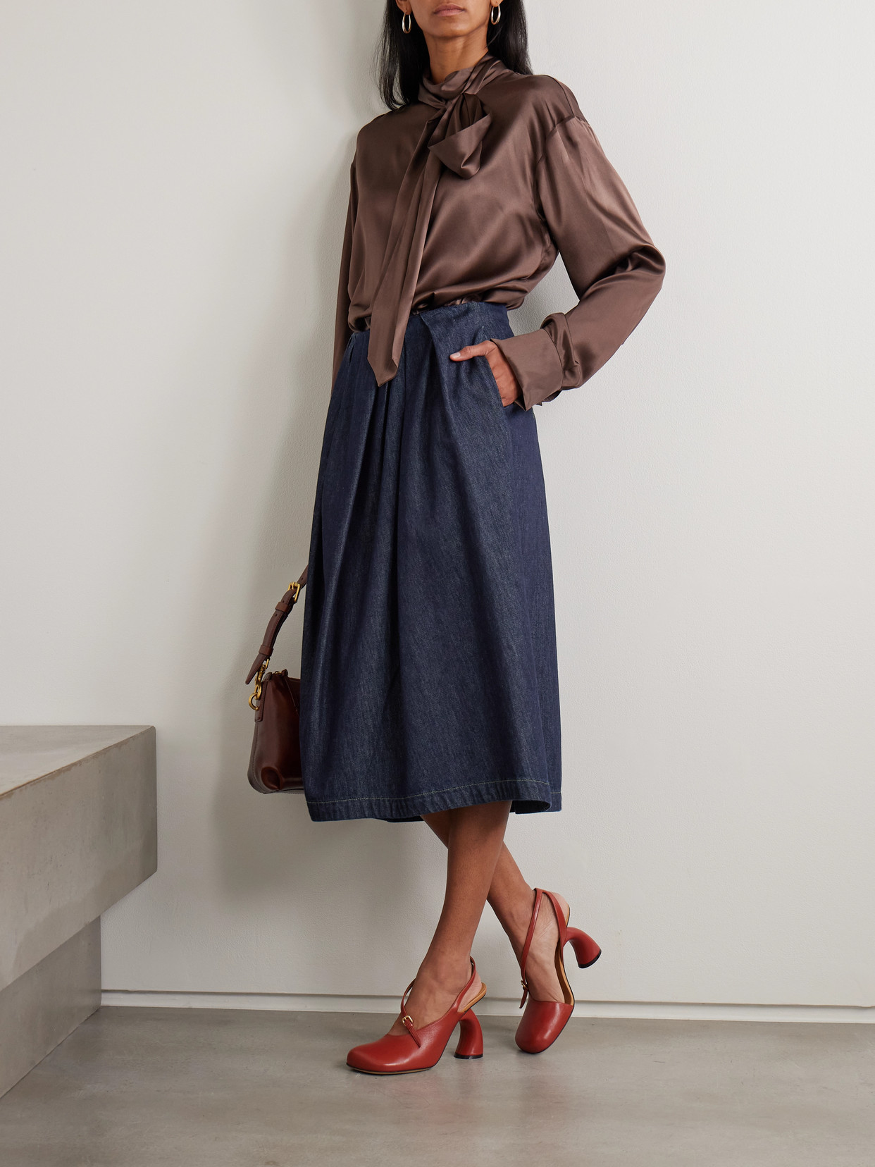Dries Van Noten Gathered Denim Midi Skirt In Blue