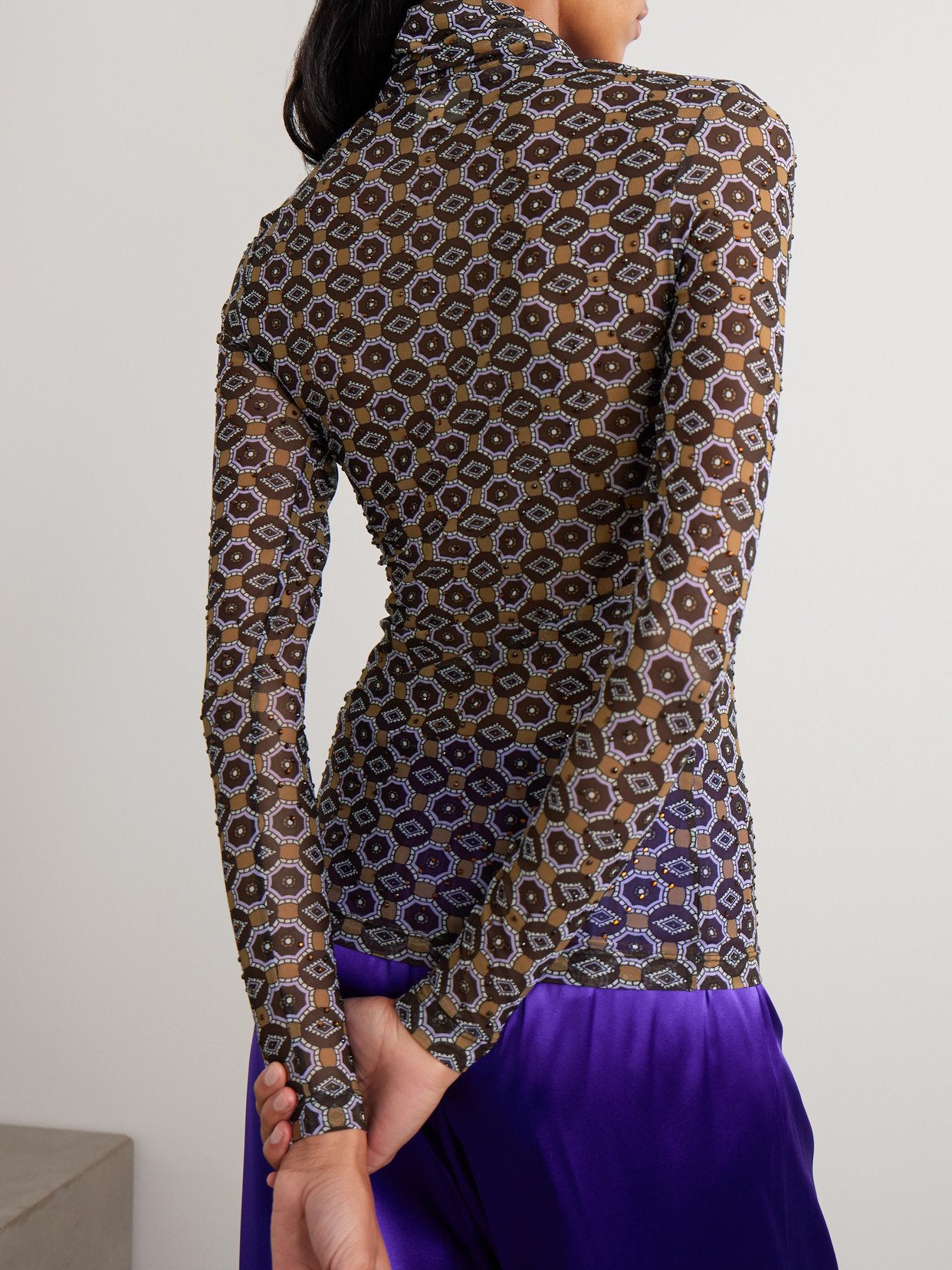 Dries Van Noten Crystal-embellished Printed Stretch-mesh Turtleneck Top In Brown