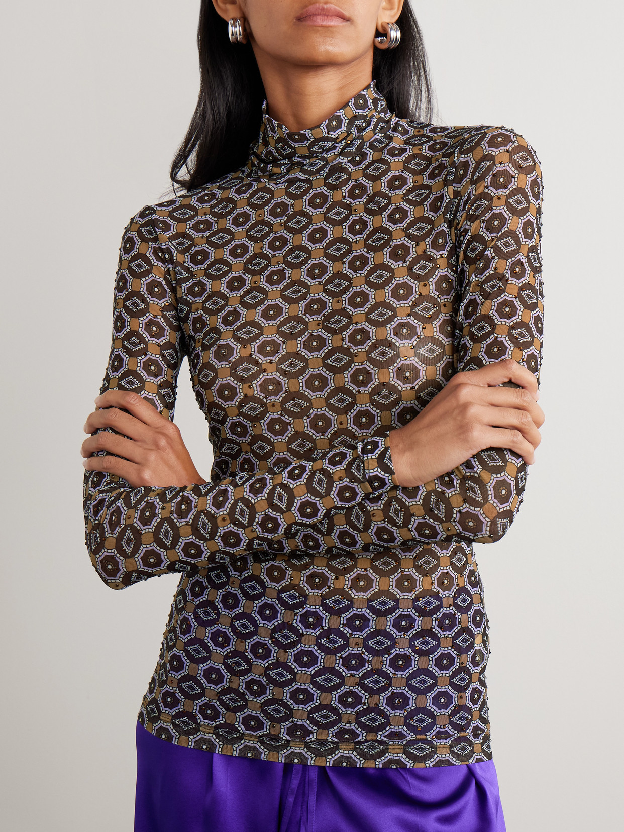 Dries Van Noten Crystal-embellished Printed Stretch-mesh Turtleneck Top In Brown