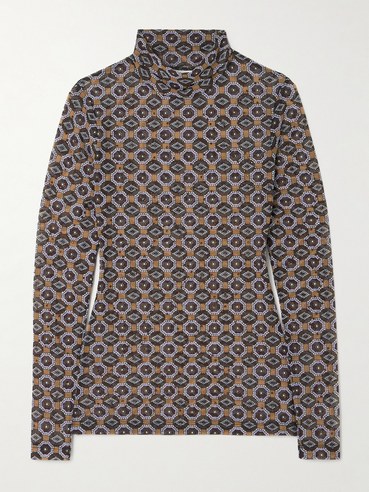 Dries Van Noten Crystal-embellished Printed Stretch-mesh Turtleneck Top In Brown