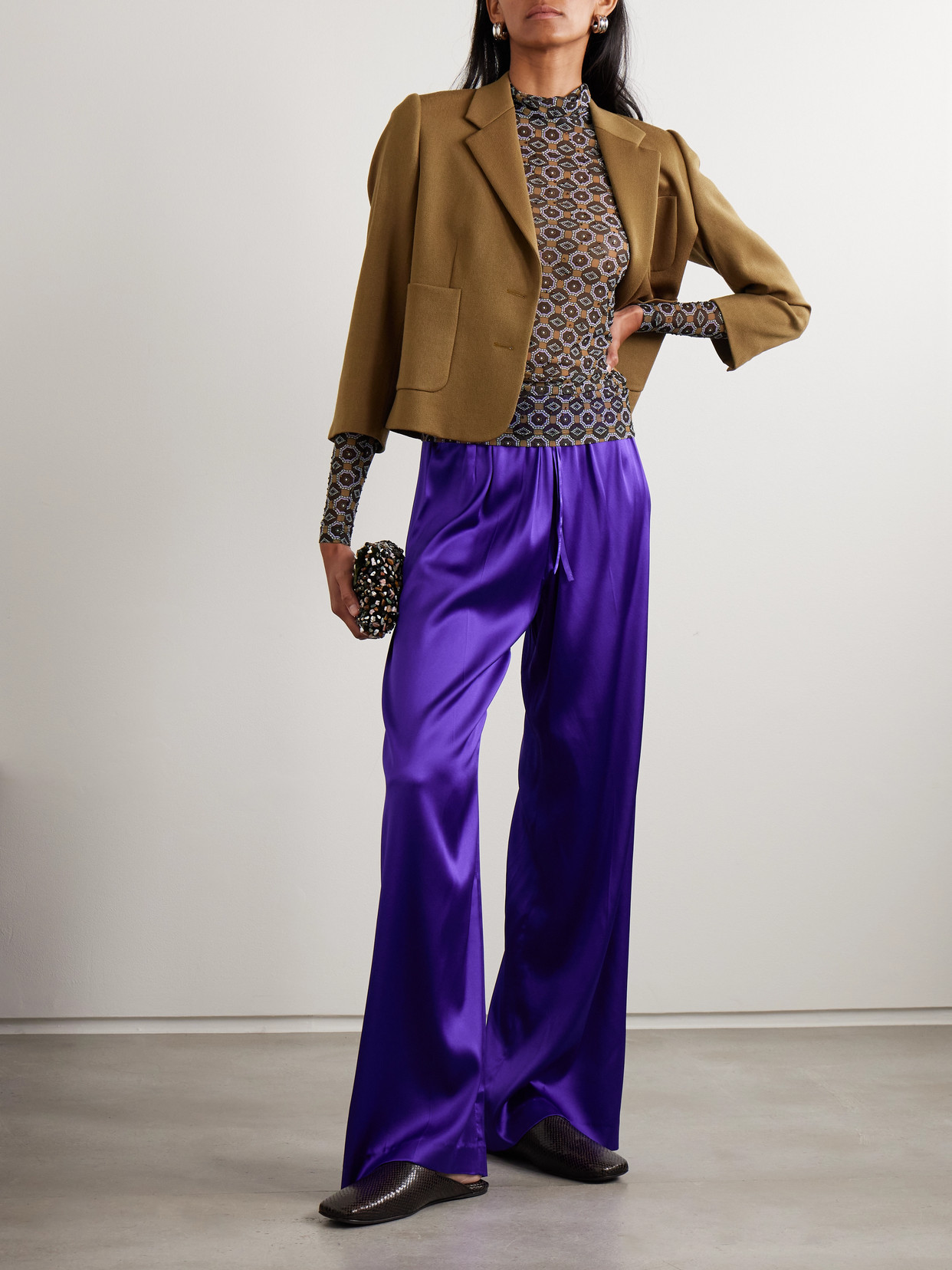 Dries Van Noten Crystal-embellished Printed Stretch-mesh Turtleneck Top In Brown