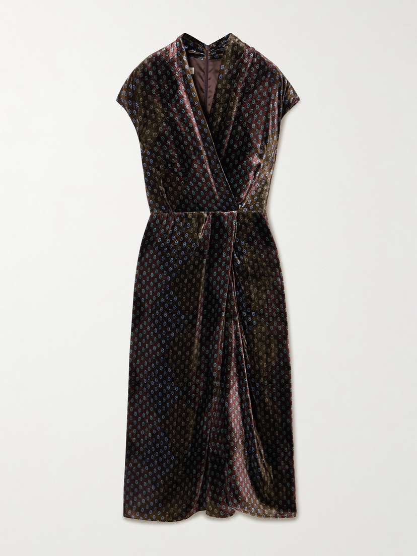 Dries Van Noten Printed Velvet Wrap-effect Midi Dress