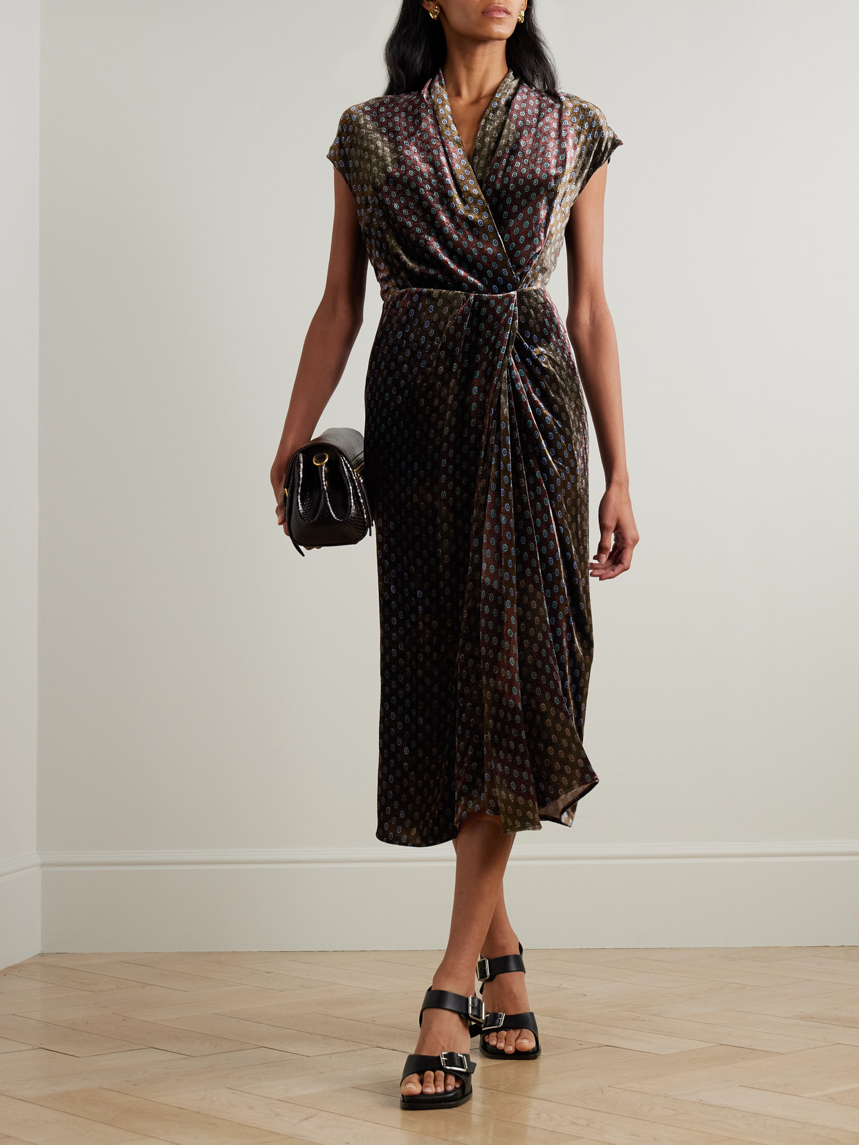Dries Van Noten Printed Velvet Wrap-effect Midi Dress In Green