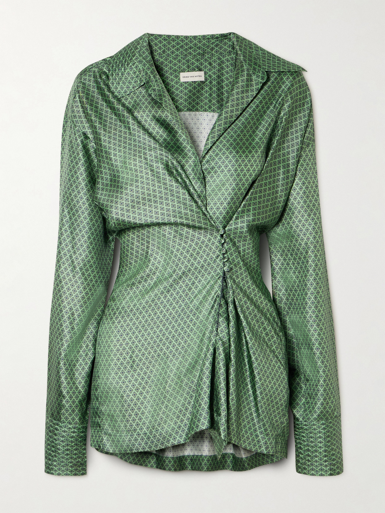 Dries Van Noten Twisted Printed Silk-twill Shirt In Green