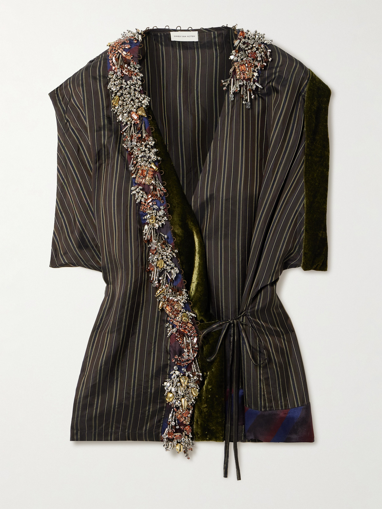 Dries Van Noten Velvet-trimmed Embellished Striped Satin Wrap Blouse In Brown