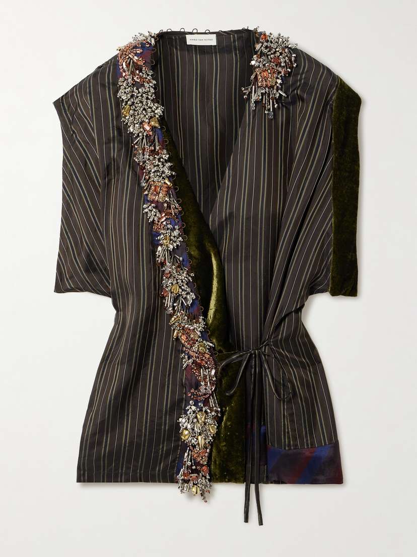 Dries Van Noten Velvet-trimmed Embellished Striped Satin Wrap Blouse