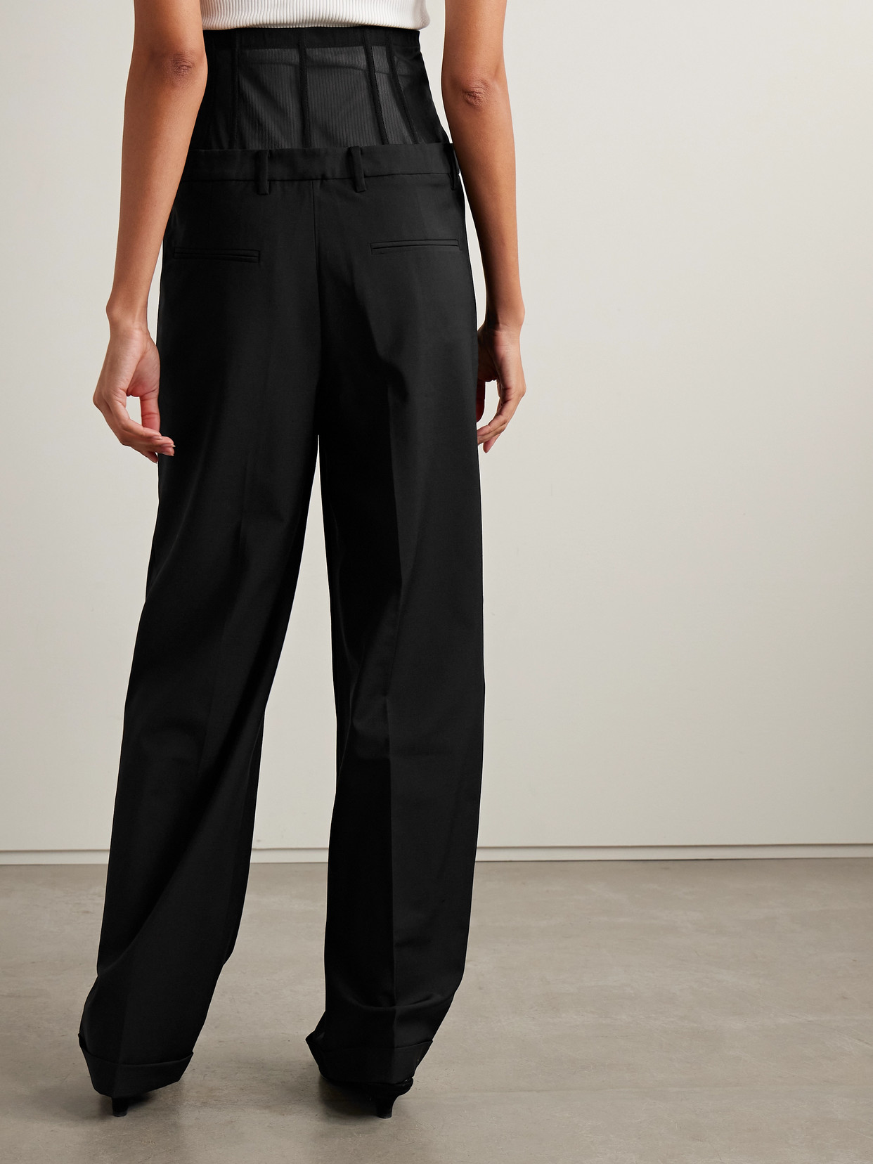 Tibi Mesh-trimmed Crepe Wide-leg Pants In Black