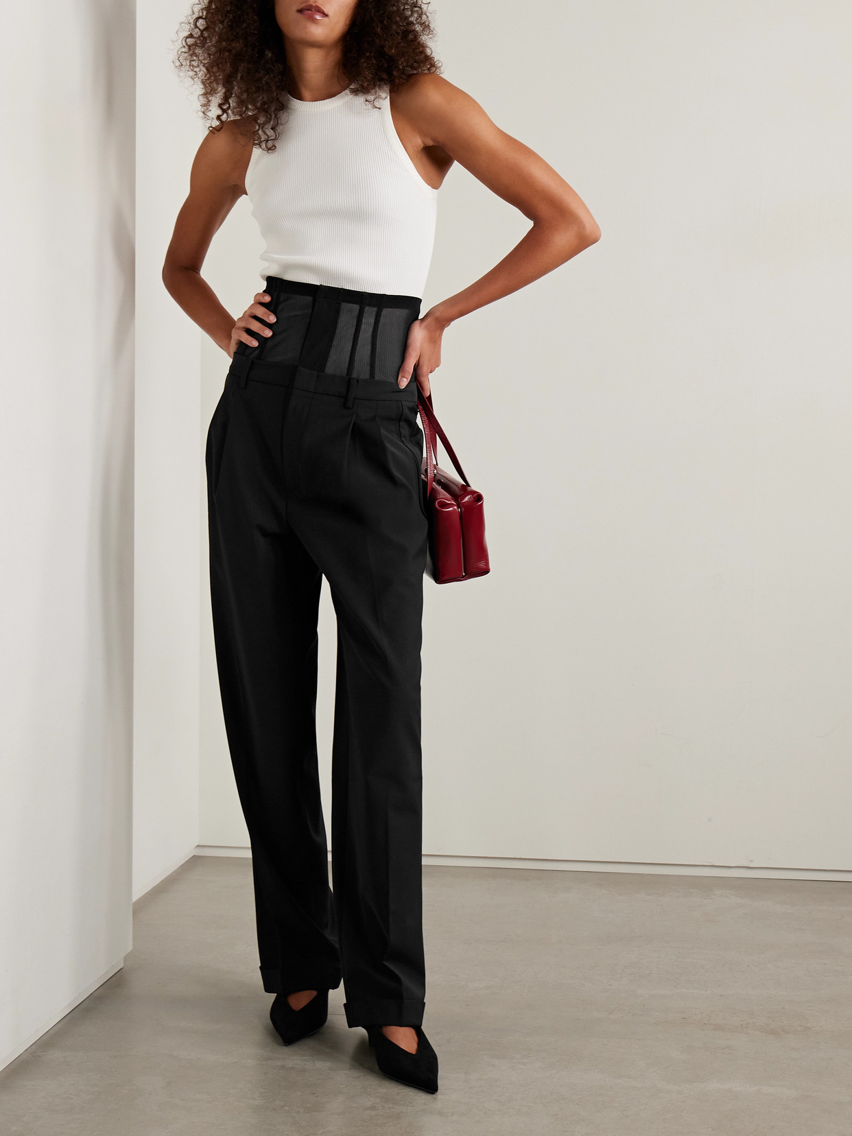 Tibi Mesh-trimmed Crepe Wide-leg Pants In Black