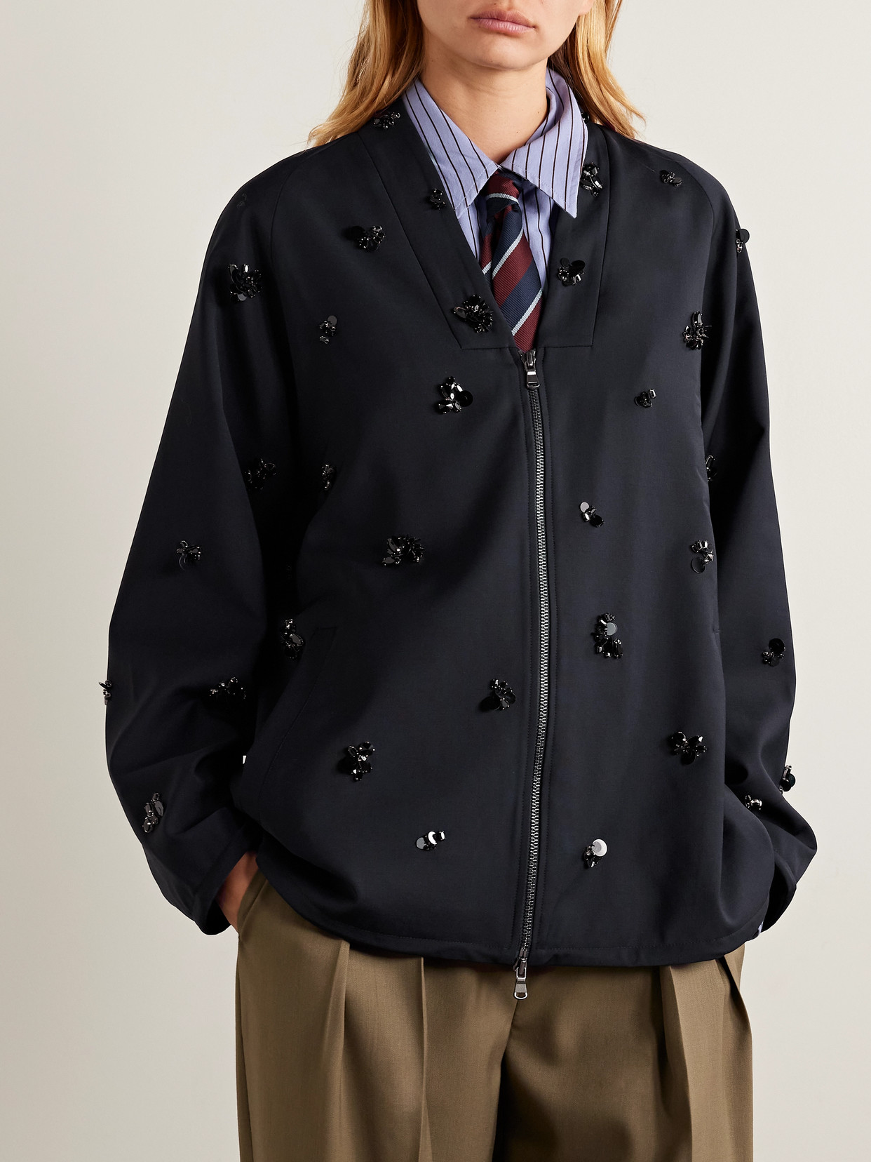 Tibi Tropical Embellished Woven Bomber Jacket In Blue