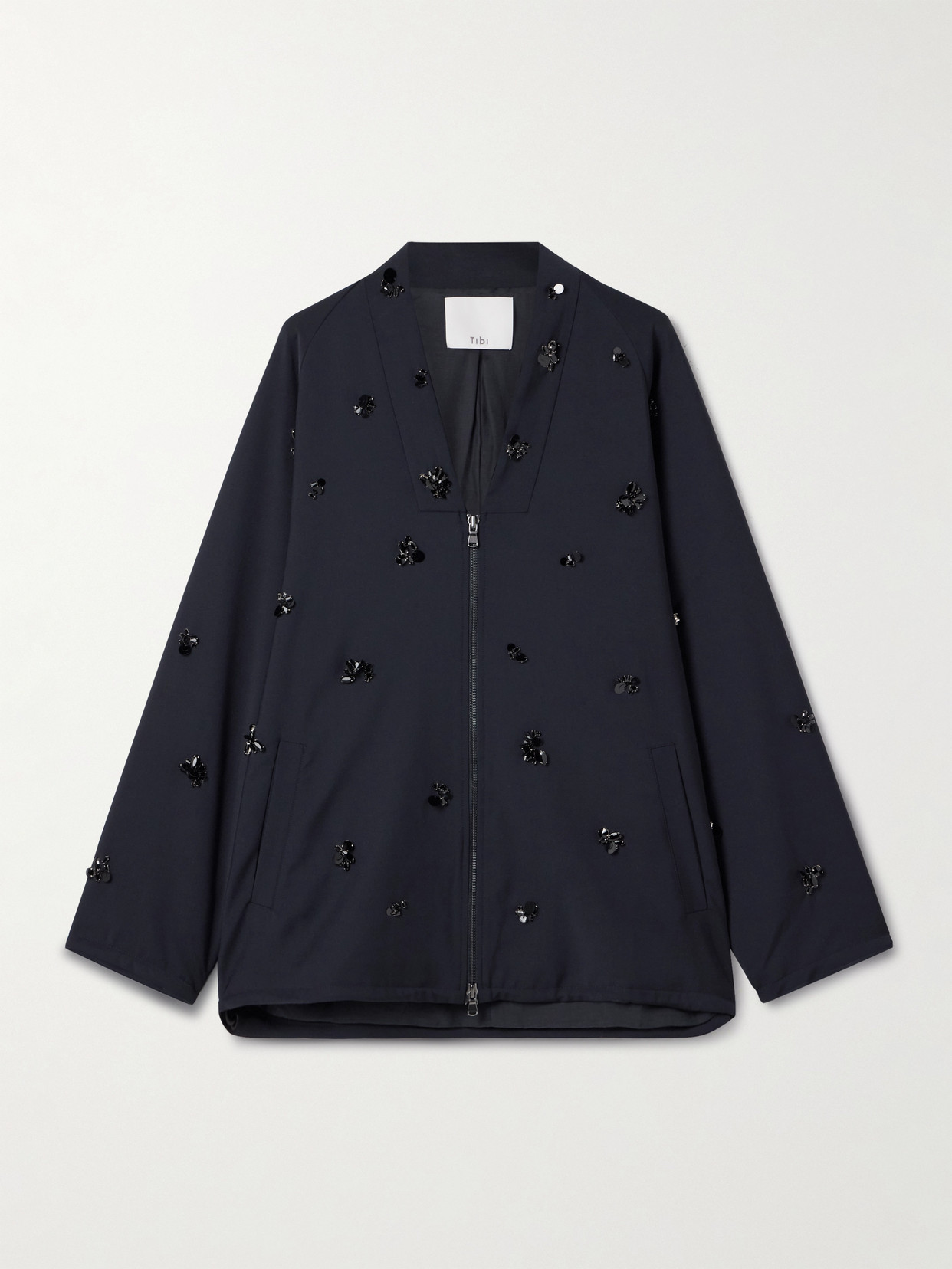 Tibi Tropical Embellished Woven Bomber Jacket In Blue