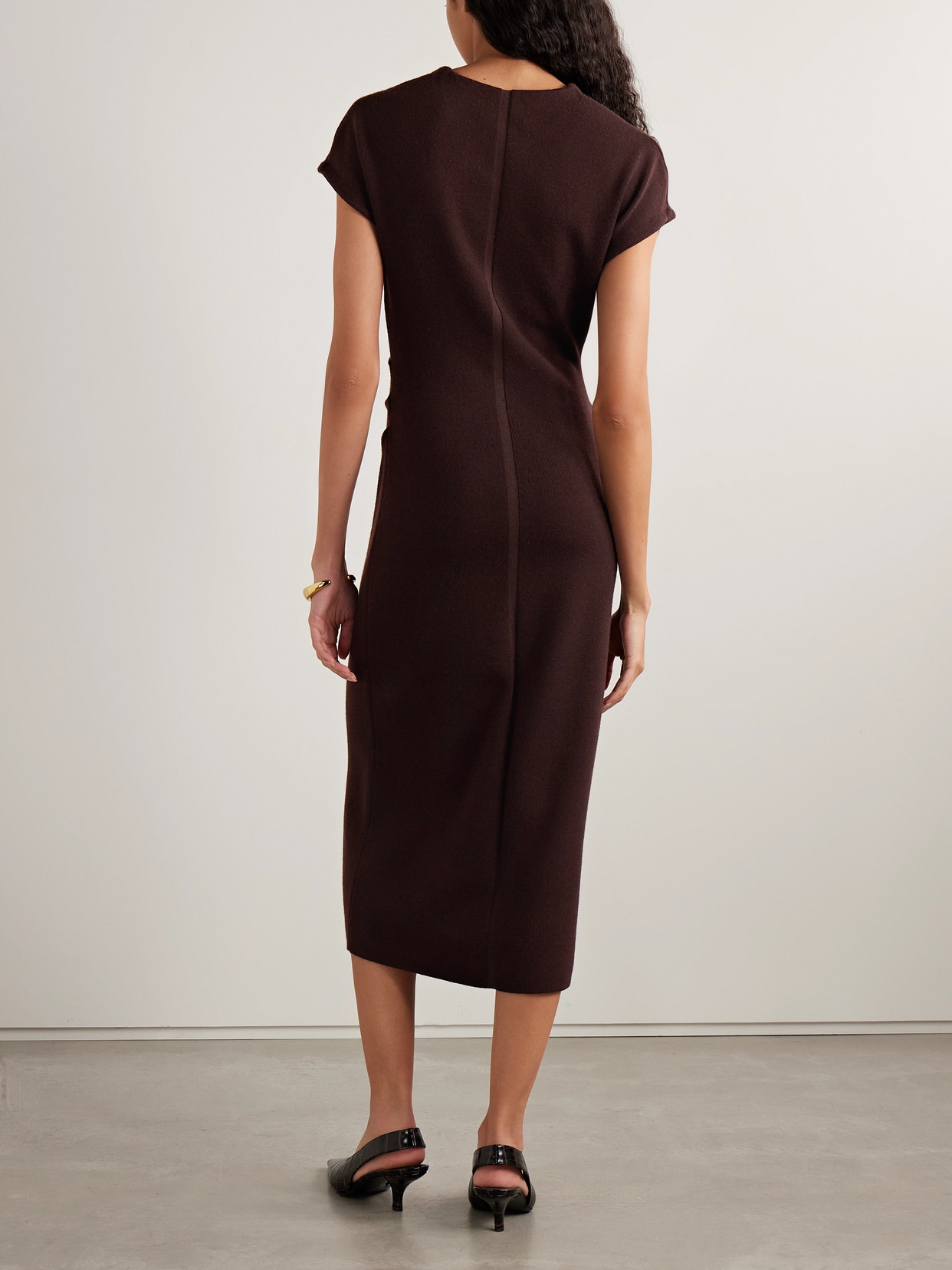La Ligne Ruched Merino Wool Midi Dress In Brown