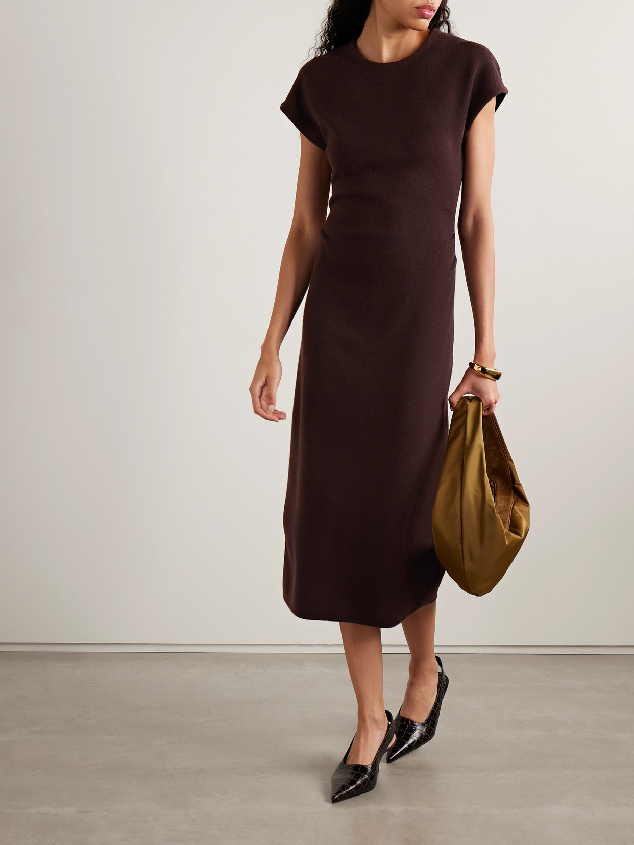 La Ligne Ruched Merino Wool Midi Dress In Brown