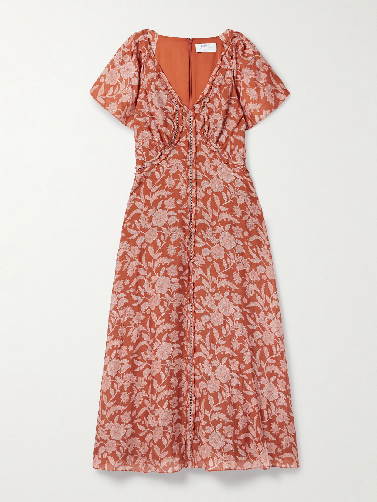 La Ligne Mesh-trimmed Ruffled Floral-print Silk Crepe De Chine Midi Dress In Orange