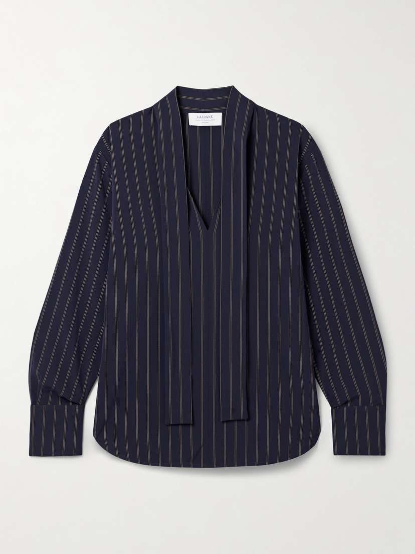 La Ligne Roman Pussy-bow Striped Crepe Shirt