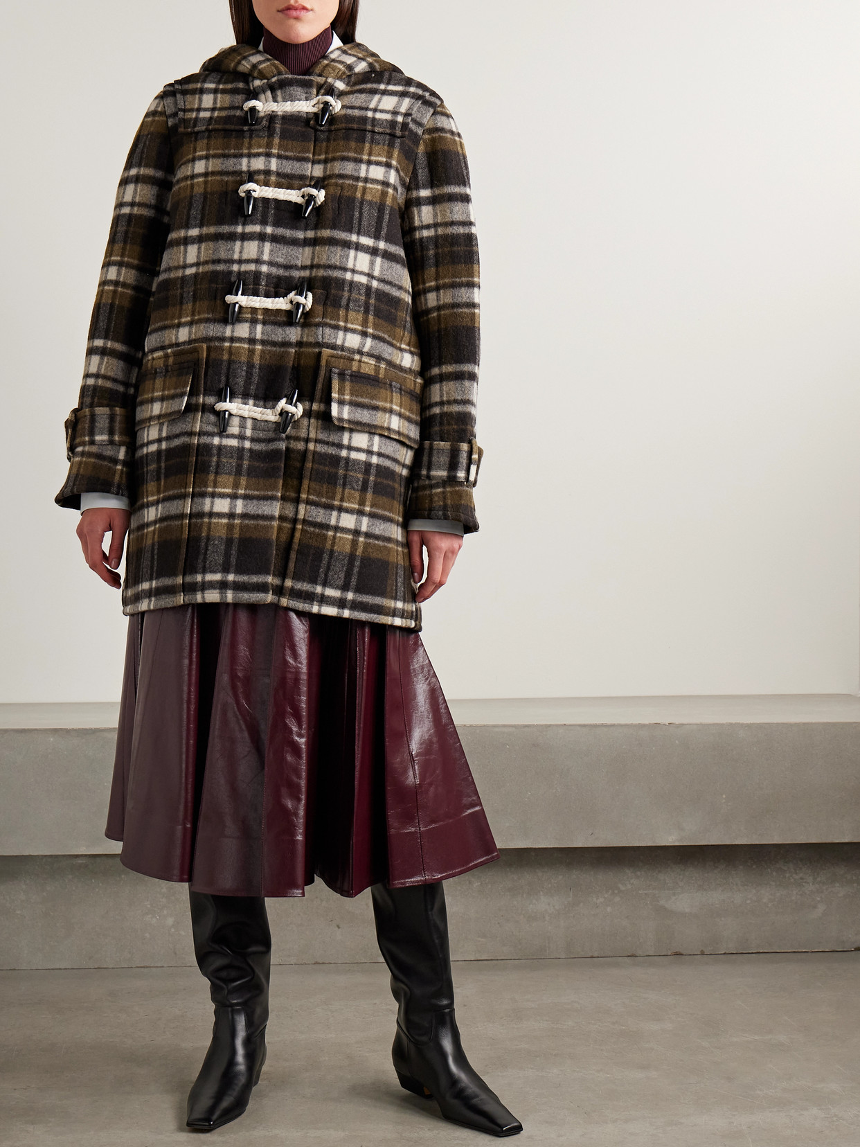 Hooded Checked Wool-Felt Coat