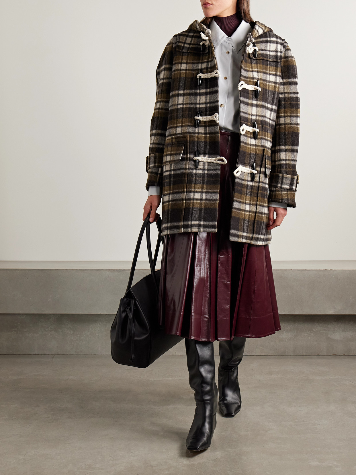 Hooded Checked Wool-Felt Coat
