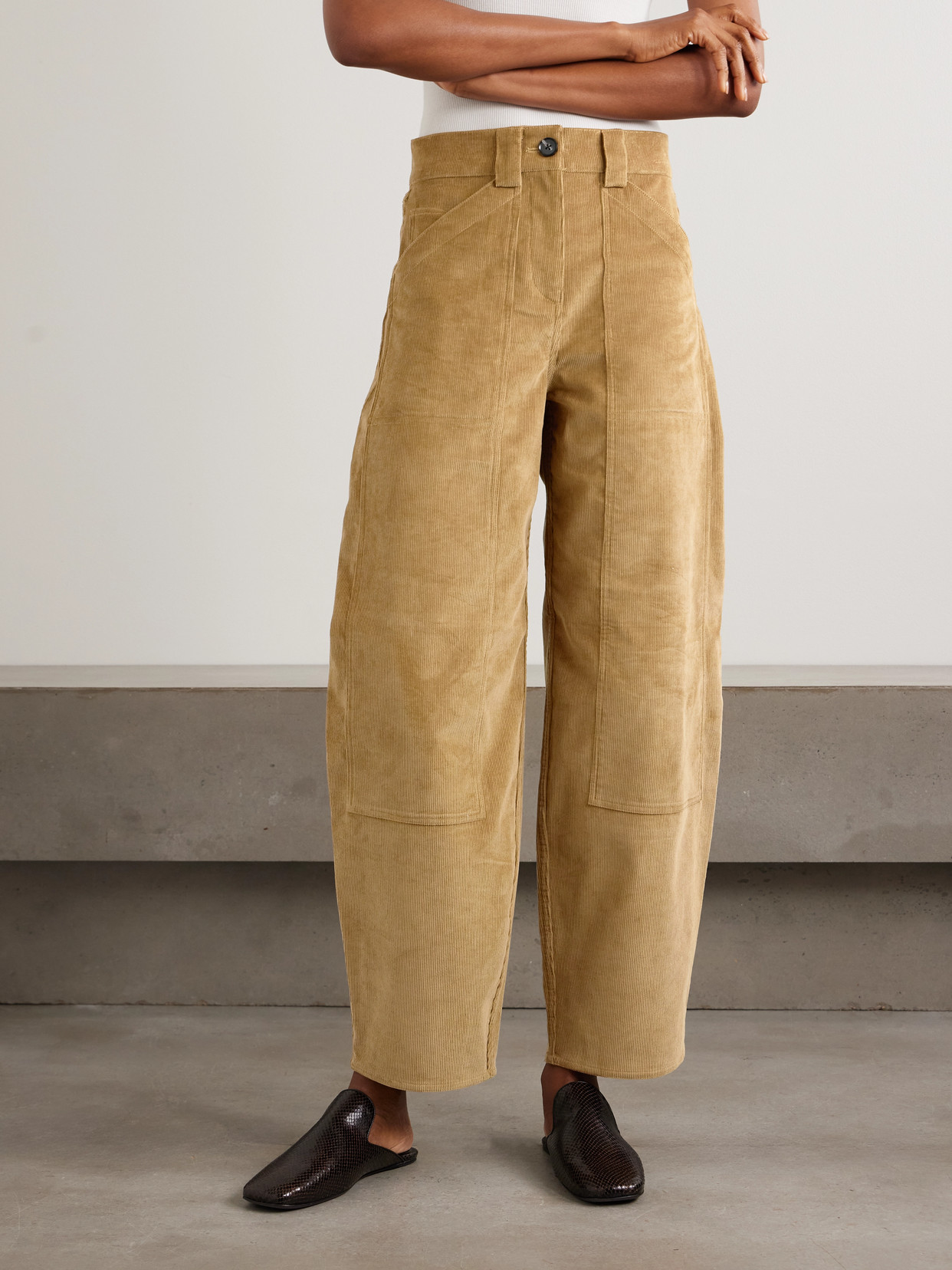 Co Tton-rduroy Barrel-leg Pants In Brown