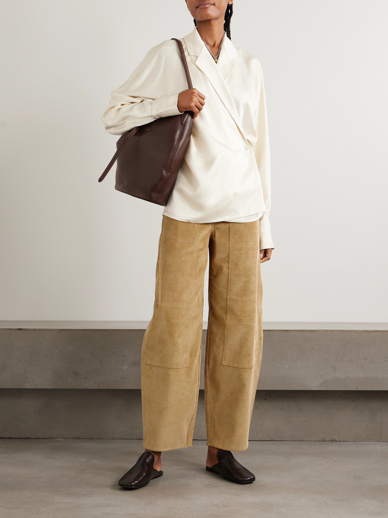 Co Tton-rduroy Barrel-leg Pants In Brown