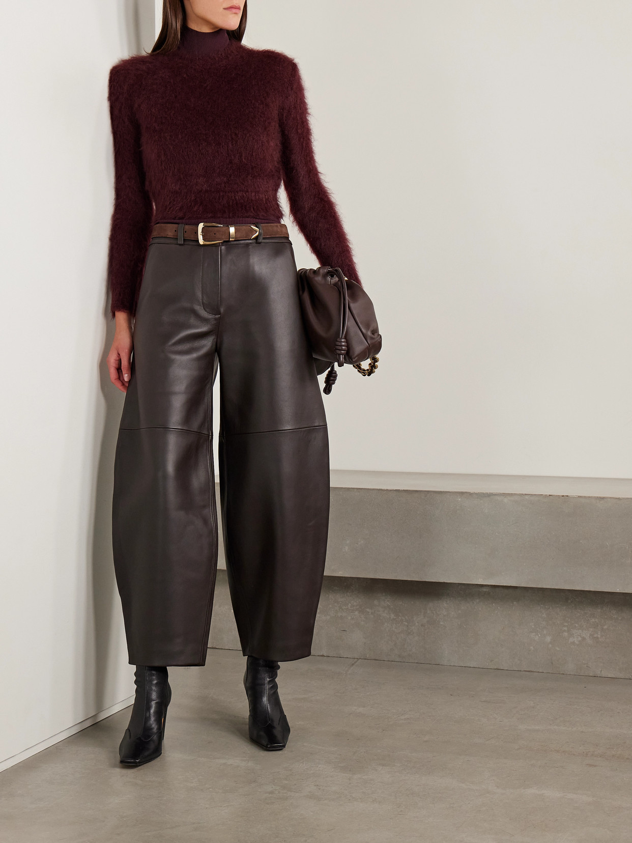 Co Paneled Leather Barrel-leg Pants In Brown