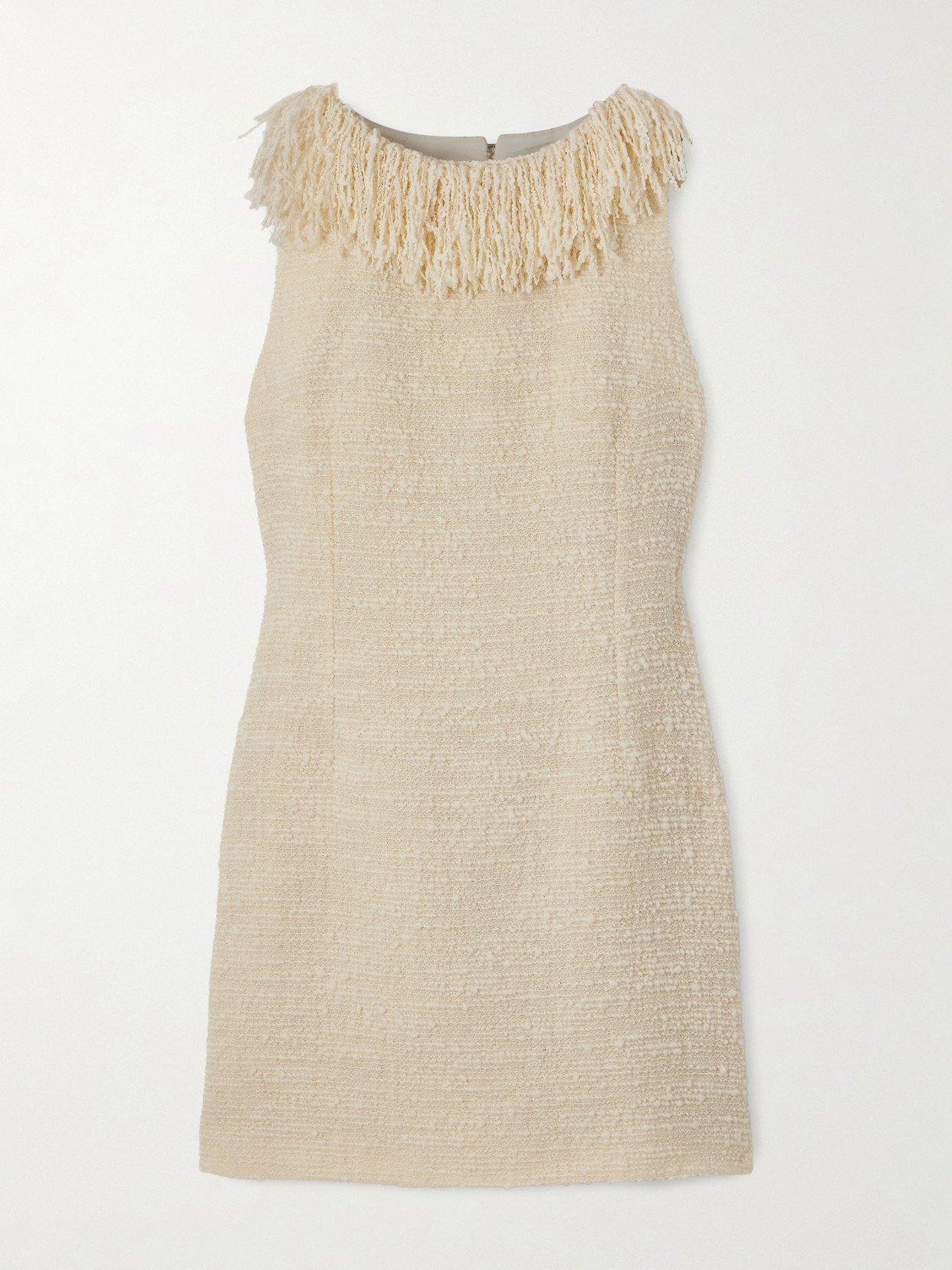 Liberowe Soho Fringed Wool-blend Bouclé-tweed Mini Dress In White