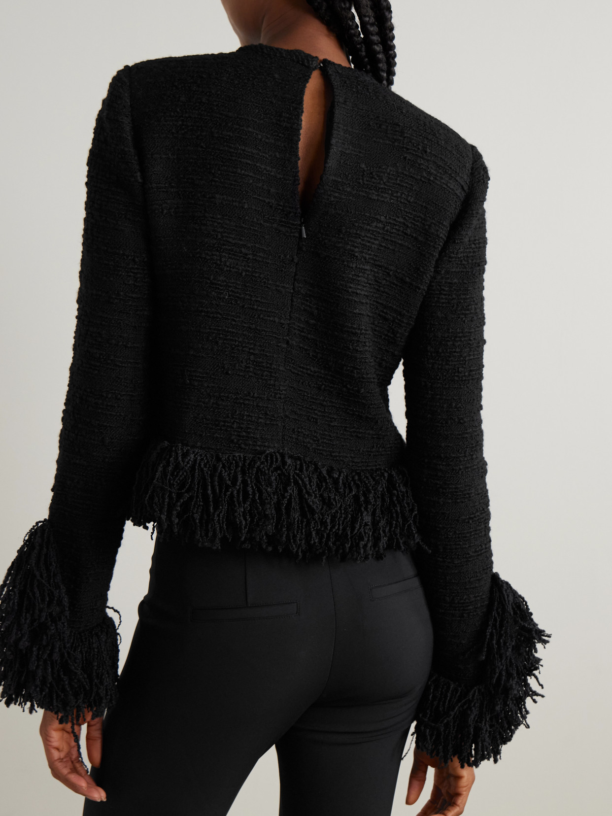 Liberowe Lila Cropped Fringed Wool-blend Bouclé Top In Black