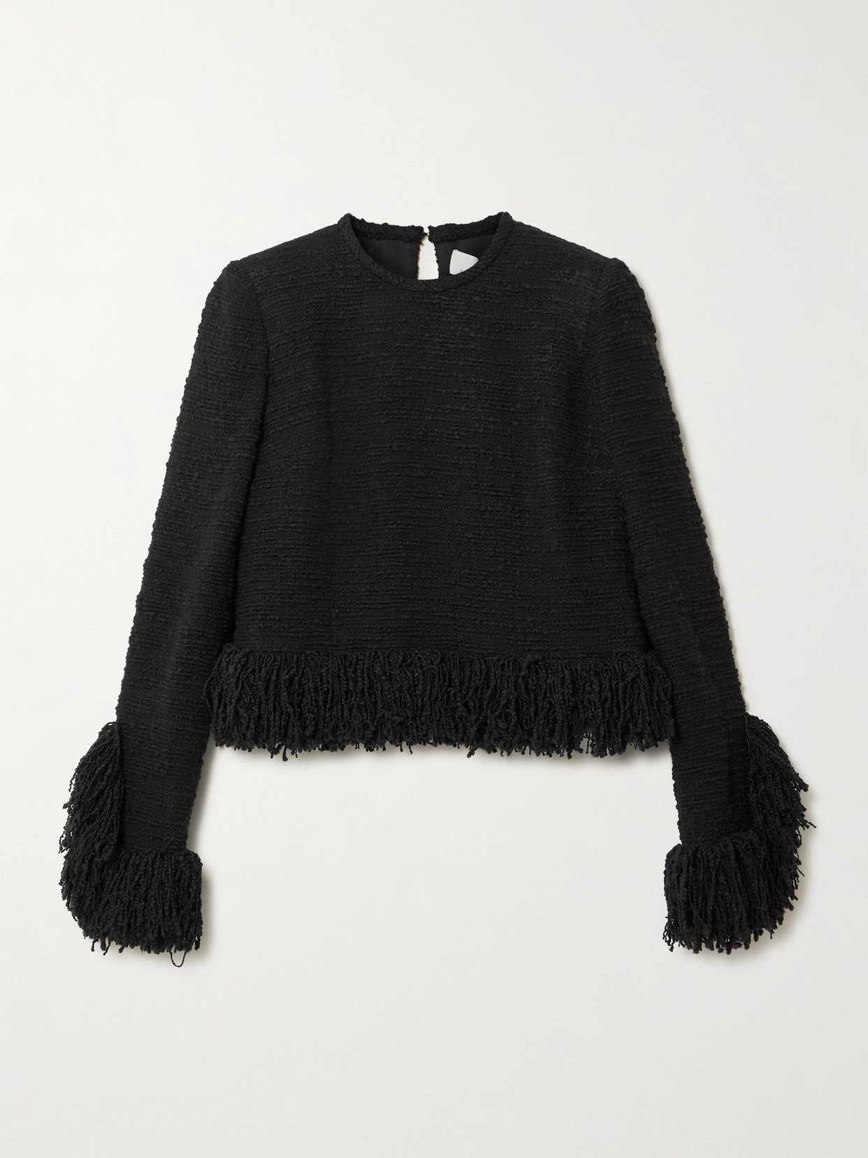 Liberowe Lila Cropped Fringed Wool-blend Bouclé Top In Black