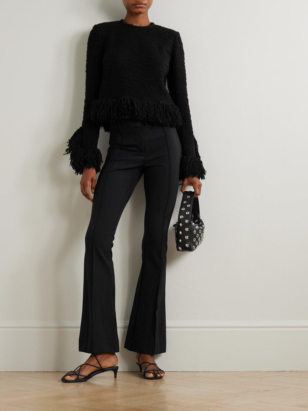 Liberowe Lila Cropped Fringed Wool-blend Bouclé Top In Black